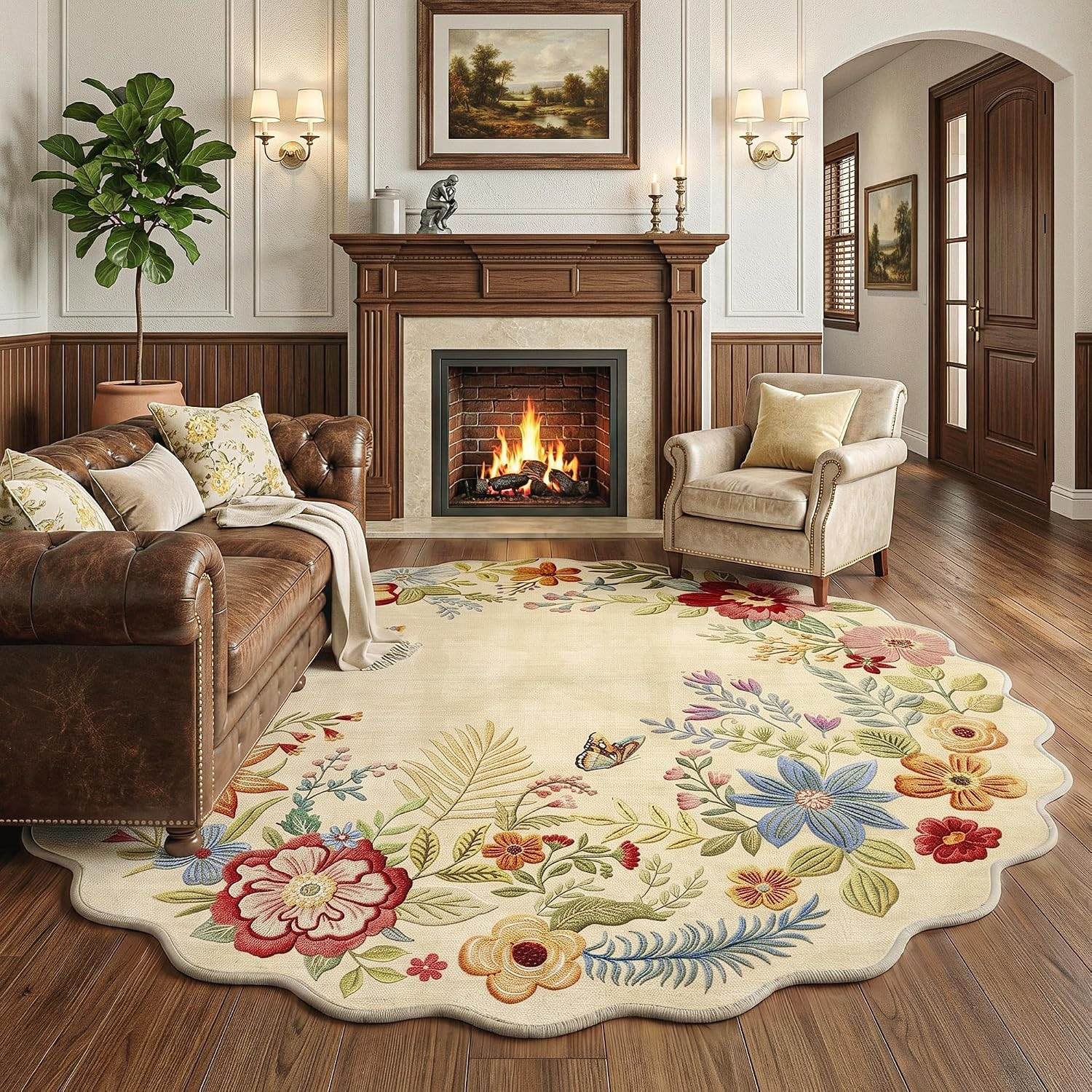 8X10 Washable Beige Floral Scalloped Area Rug for Living Room | Boho Vintage Flo