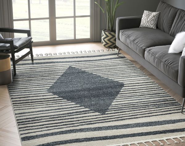 Moroccan Style Diamond Fringe Indoor Transitional Cream Grey Striped Area Rug