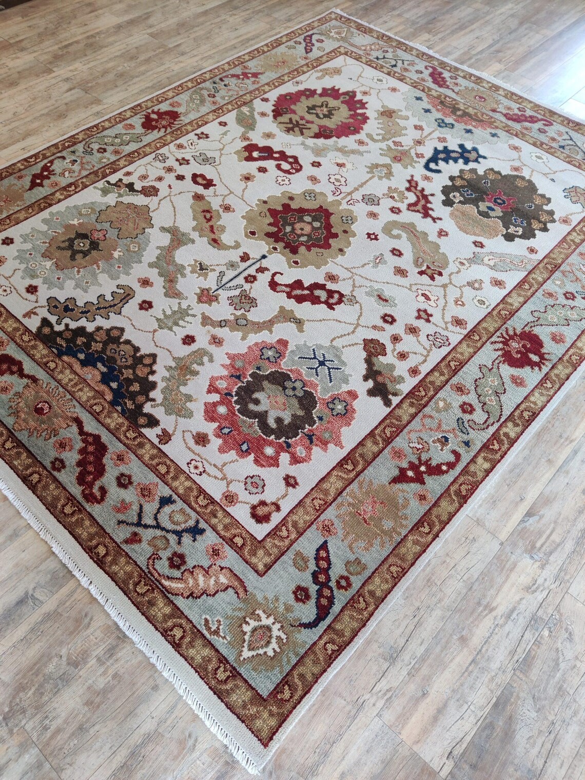Hand Knotted Oushak Wool Area Rug Ivory Rust Blue Floral Medallion Rug