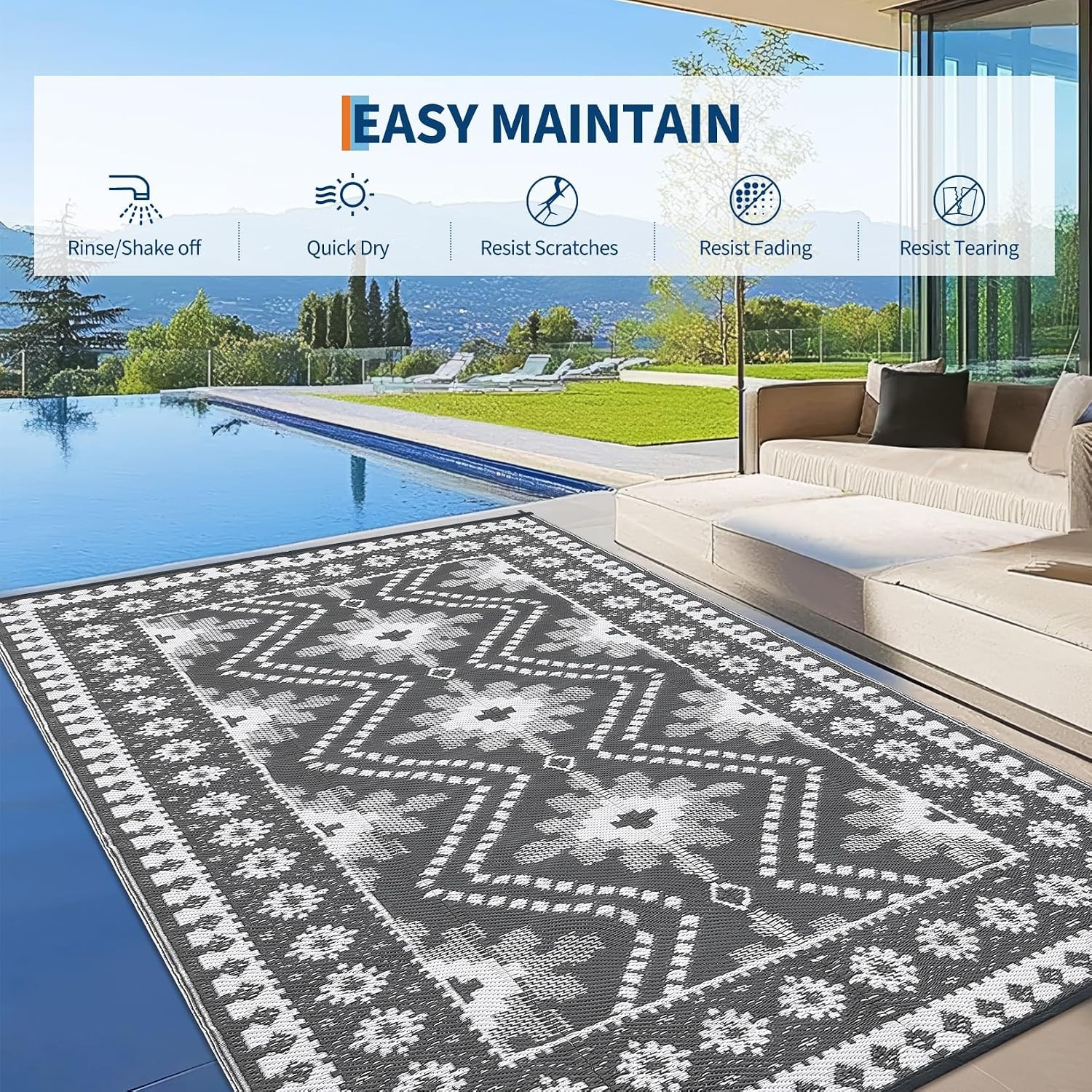 Outdoor Rug Waterproof for Patio, 8×10/9×12/9×18′ Reversible Plastic Straw Rug