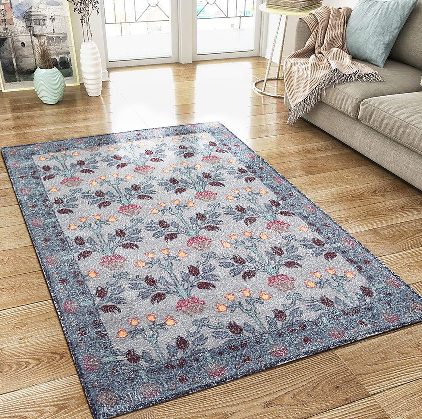 Multi Sizes Hand Woven William Morris Polyester Rug Gray Blue