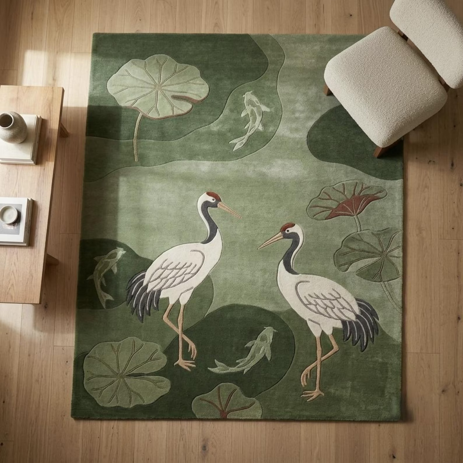 Hand Tufted Wool Area Rug Green Crane Bird Lotus Leaf Rug Nature Living Room Rug