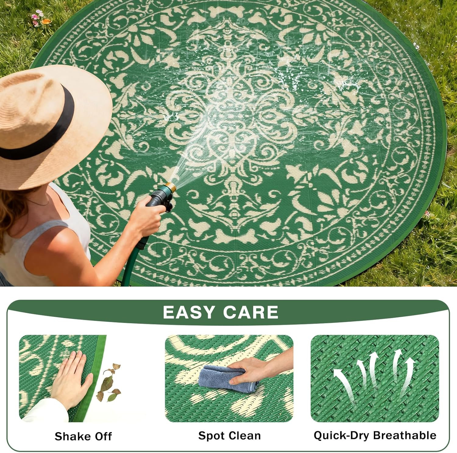 Vintage Waterproof round Outdoor Rug 8 Ft, Portable Reversible Plastic Straw Cir