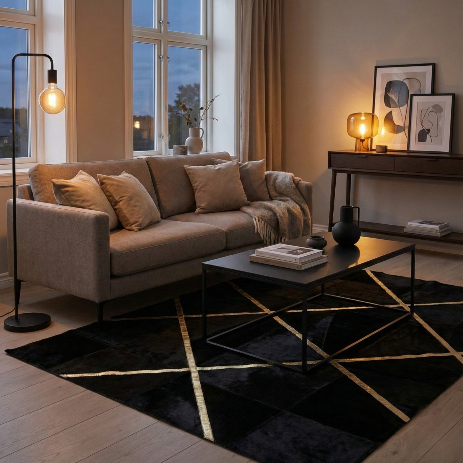 Luxury Plush Rug 8×10 Ft Black Gold Geometric Lines Soft Area Carpet Handmade