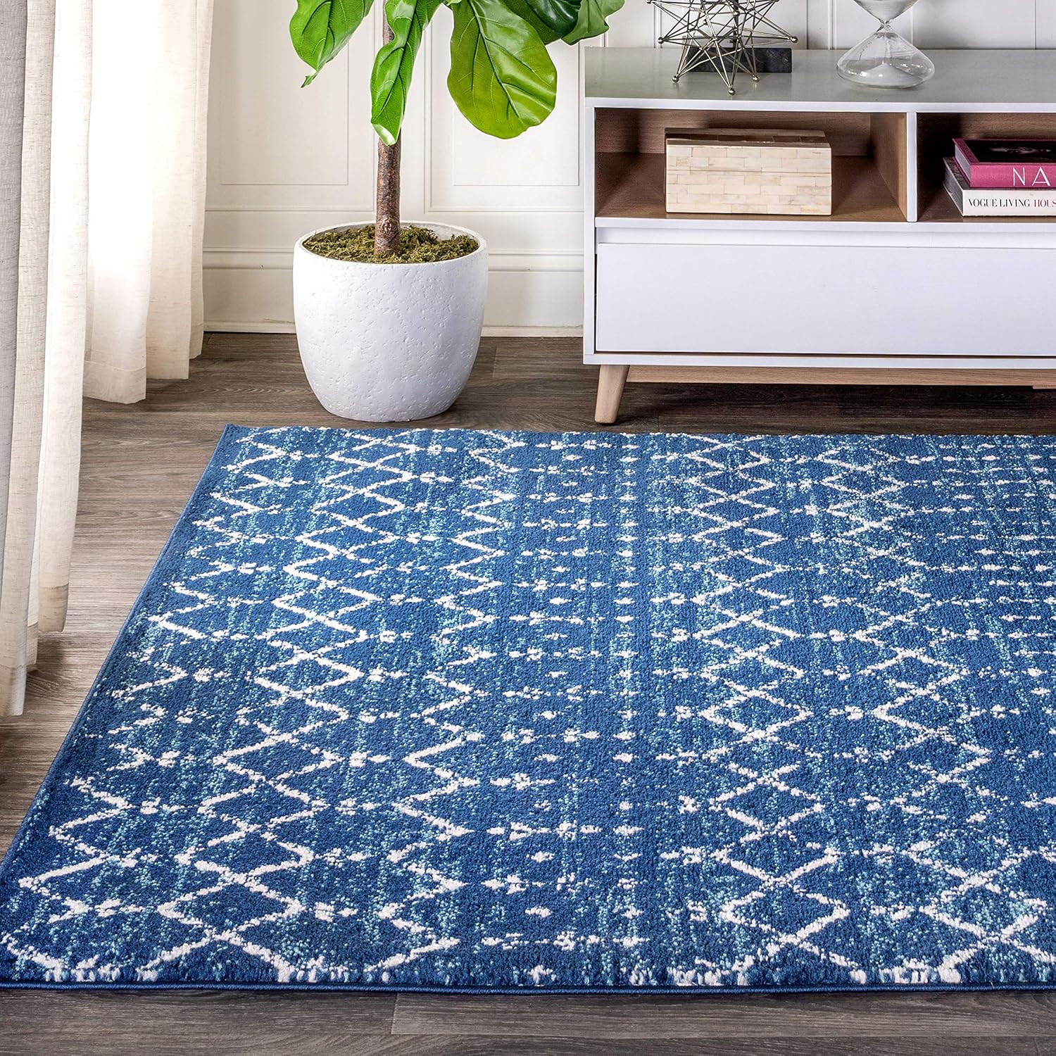 Boho Vintage Diamond Blue/White Indoor Area Rug 4X6 ft, Moroccan Hype for Living