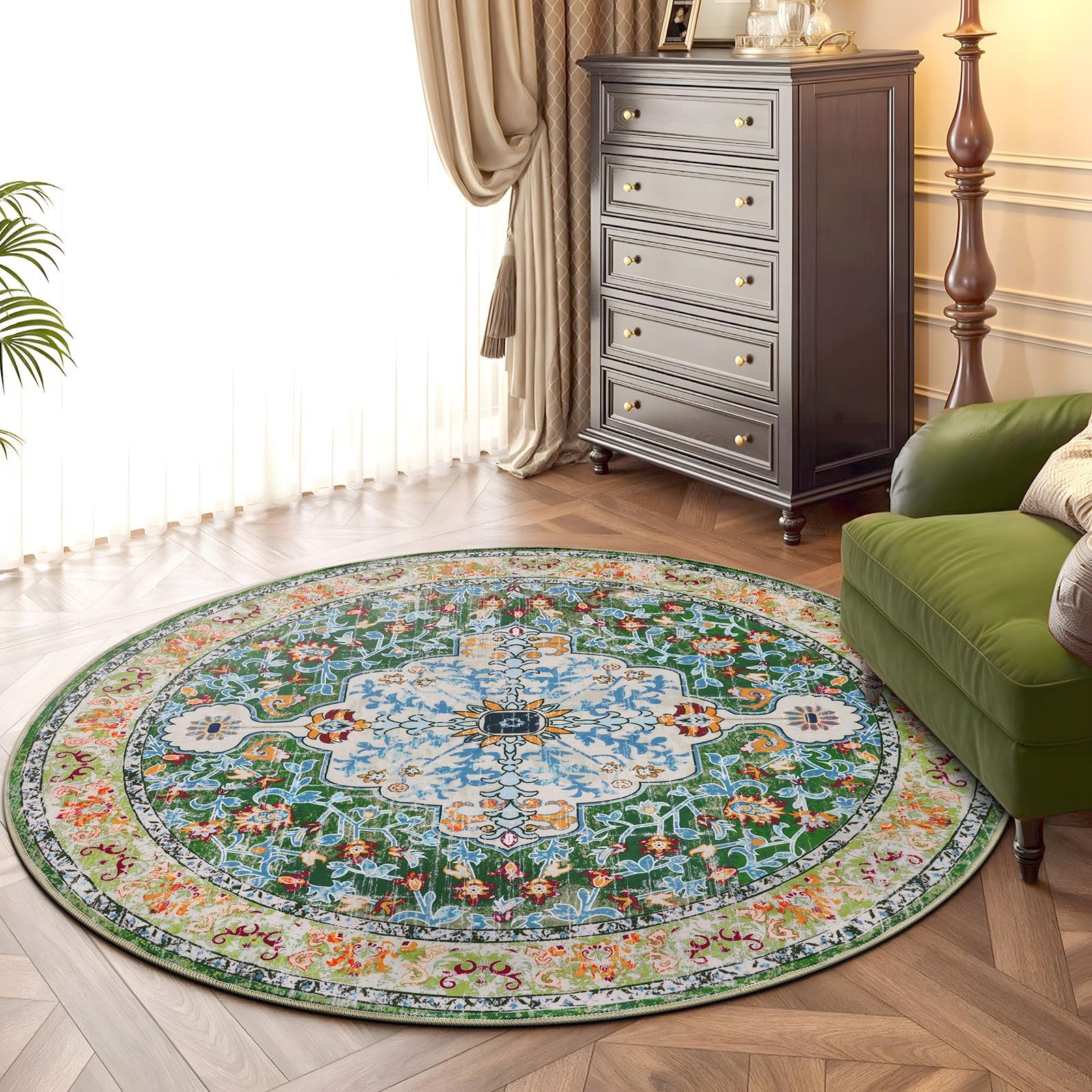 Boho Round Vintage Area Rug 4ft Machine Washable Low Pile Soft Floor Carpet N…