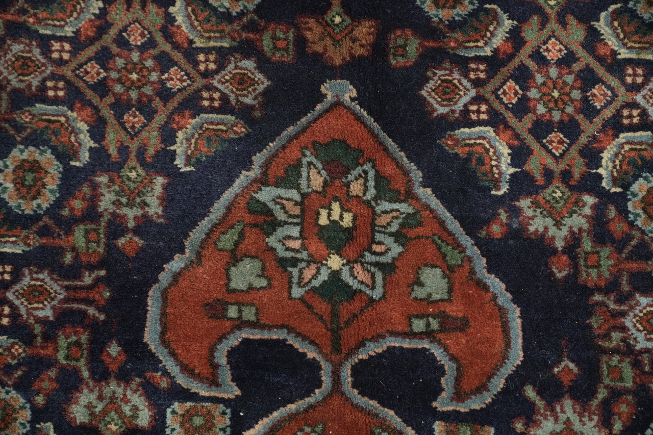 Blue Vintage 8×12 Wool Area Rug in Tribal Blues, Ivory & Gold Heritage Palette
