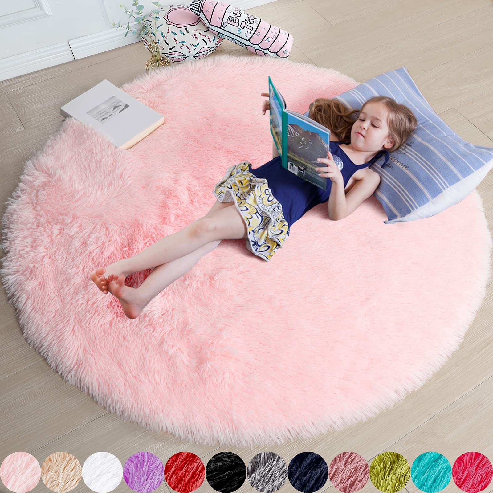 Amdrebio 4ft Pink Round Rug Fluffy Shag Carpet Nursery Decor