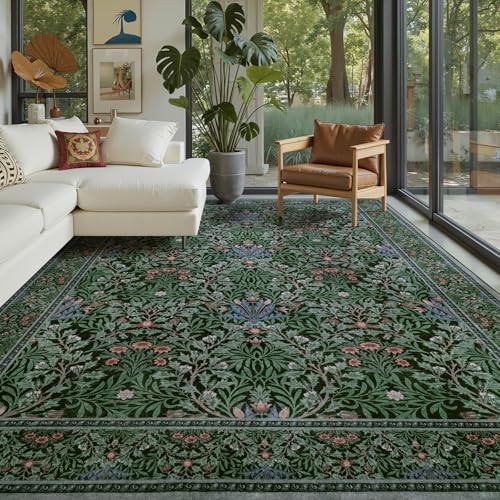 Floral Area Rug 8×10 for Living Room, Boho 8 x 10 ft (Rectangular) Dark Green