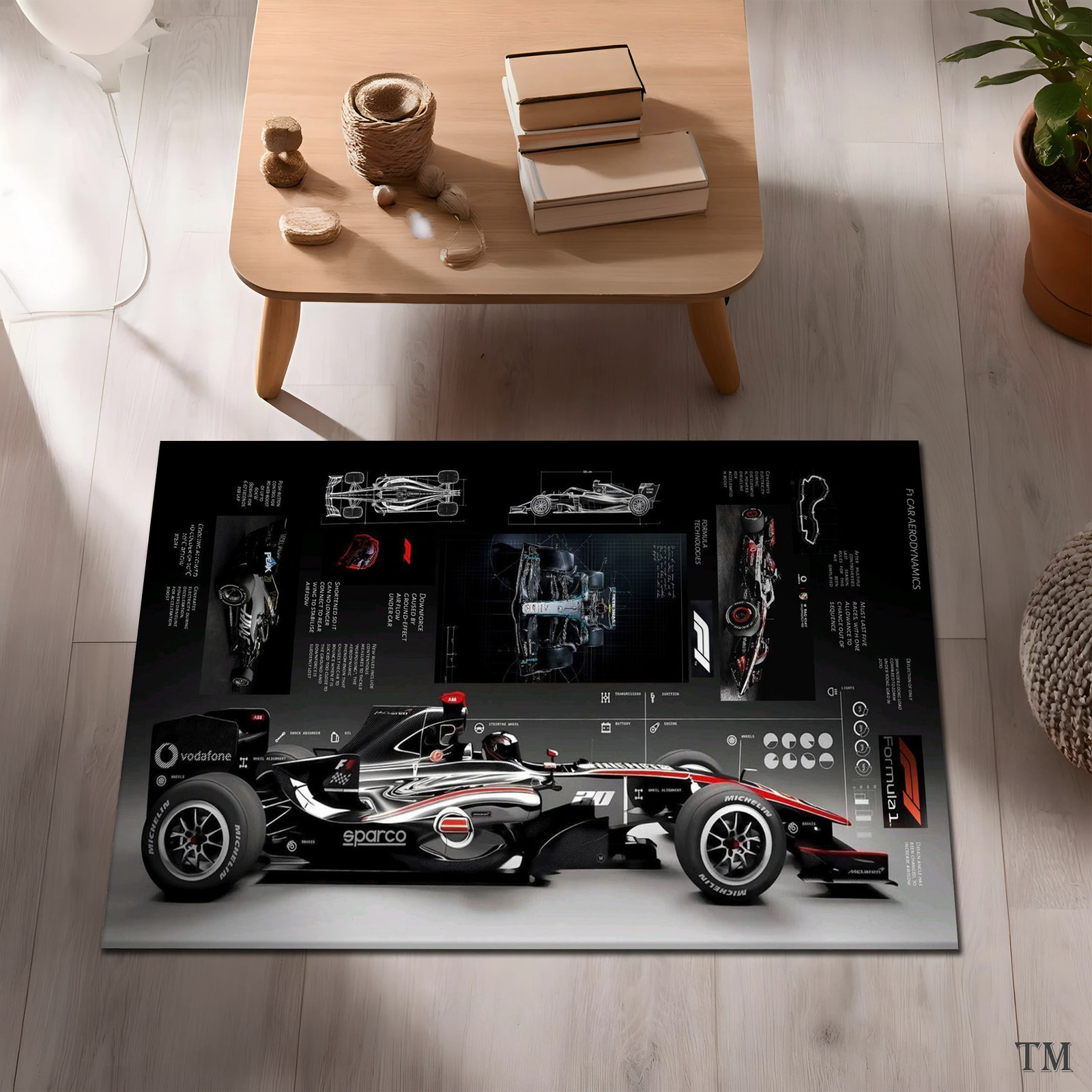 Astra Open Wheel Blueprint Carpet – Modern Mechanical Black Room Decor