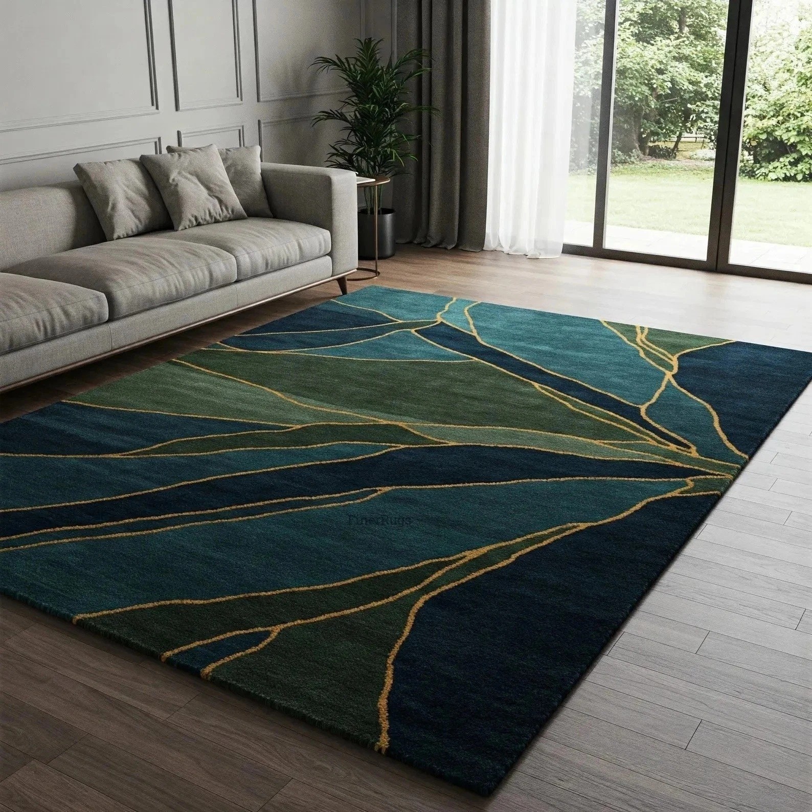 Handmade Carpet Deep Blue Green Abstract Hand Tufted Custom Wool Rug for living.