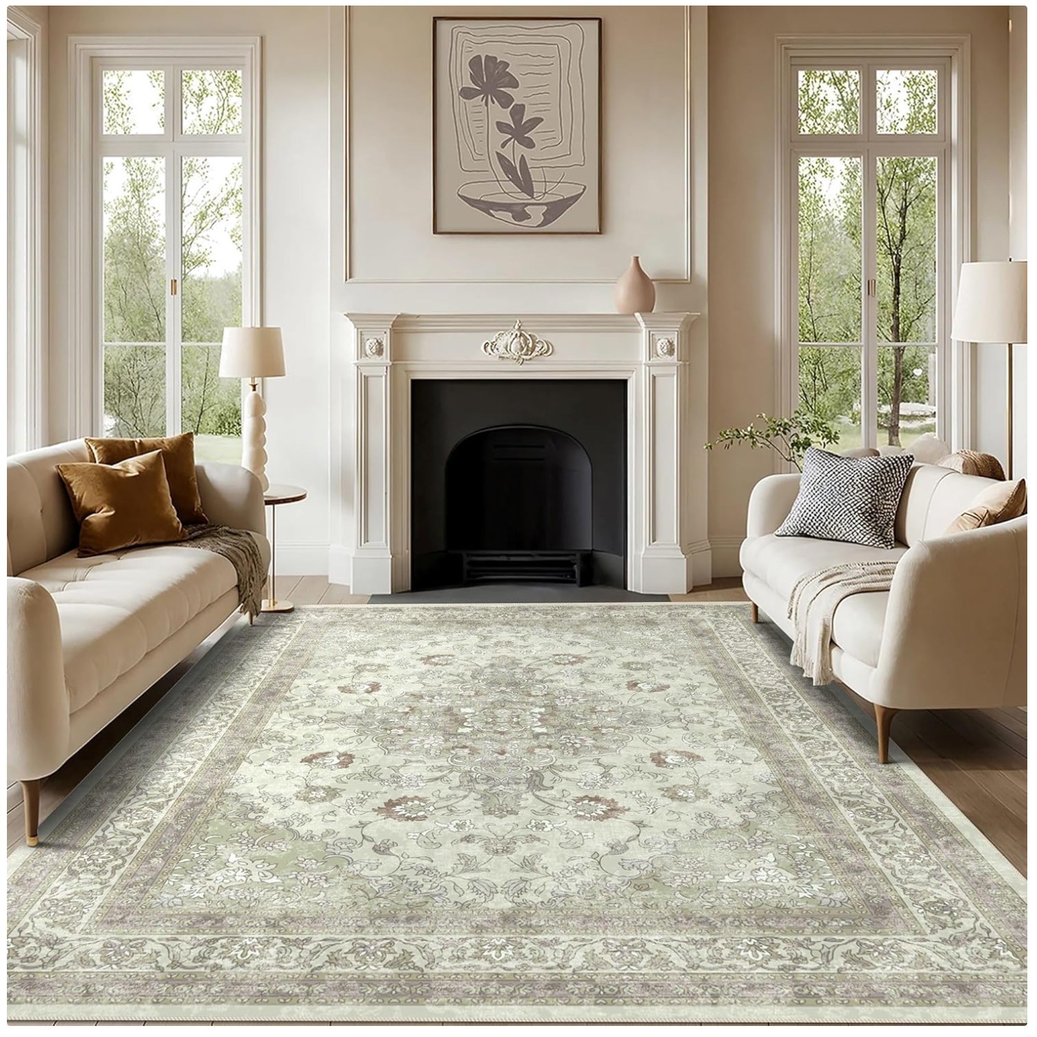 Vintage Floral Sage Green 5×7 Rug – Washable & Non-Slip