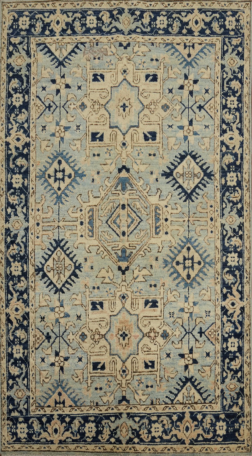 Handmade Vintage-Inspired Rug 4×7 Ft Featuring Classic Blue and Beige Designs