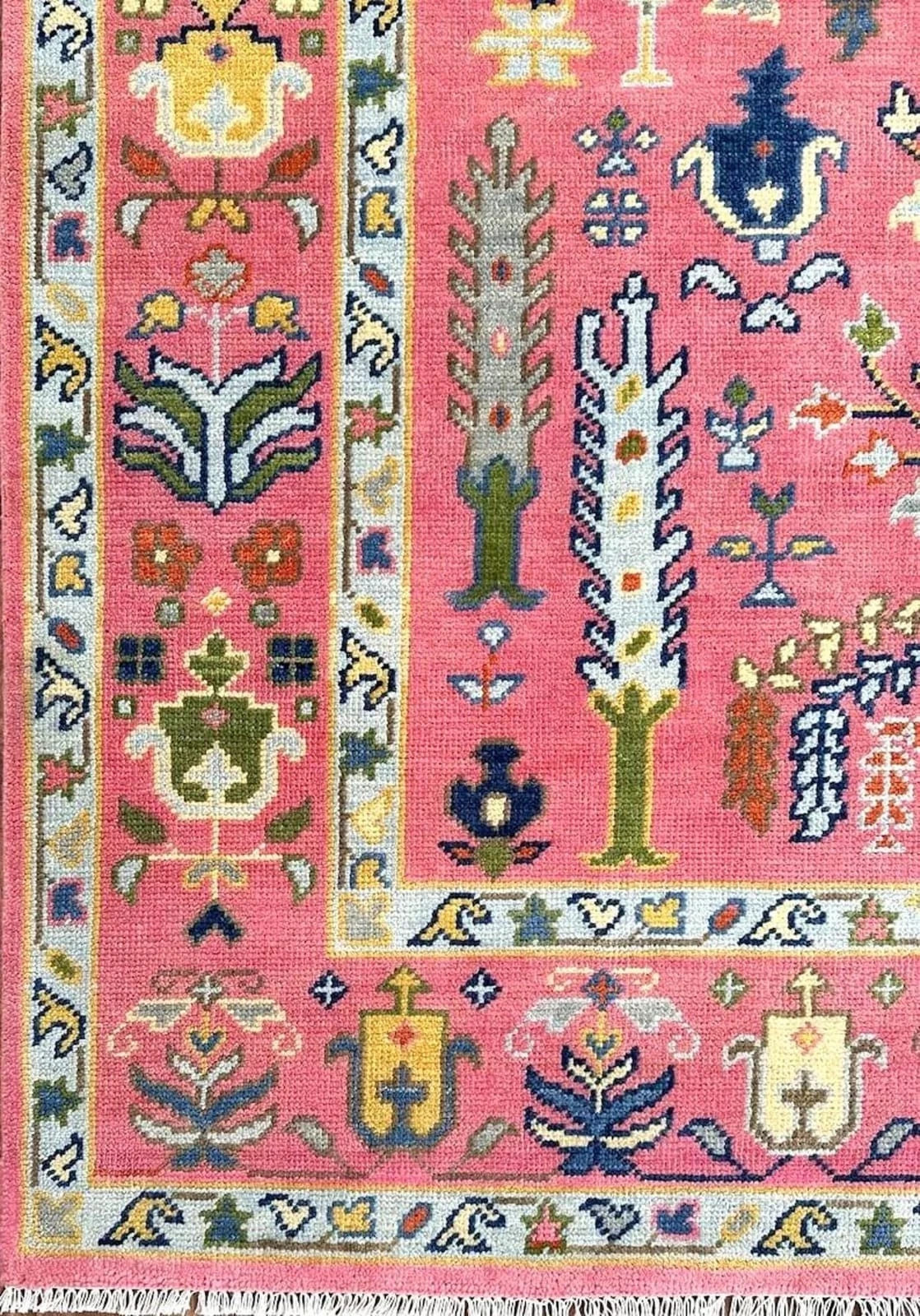 Turkish Oushak Rug | Handmade Wool | Pink & blue Carpet | Antique Style Rug