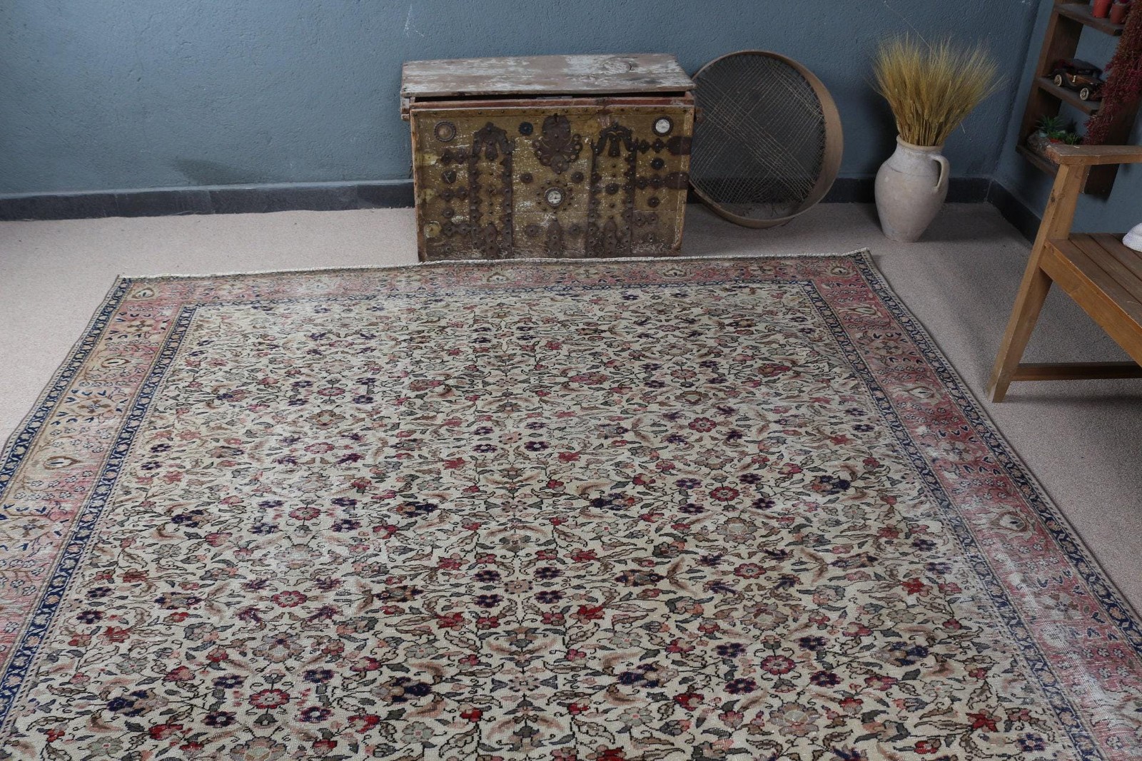 Turkish Vintage Rug, 7,7×10,6 ft Rug, Blue Oversize Floral Rug