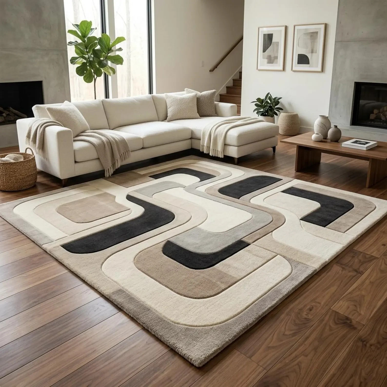 Hand Tufted Wool Rug Modern Geometric Scandinavian Area Rug Abstract Carpet Nat