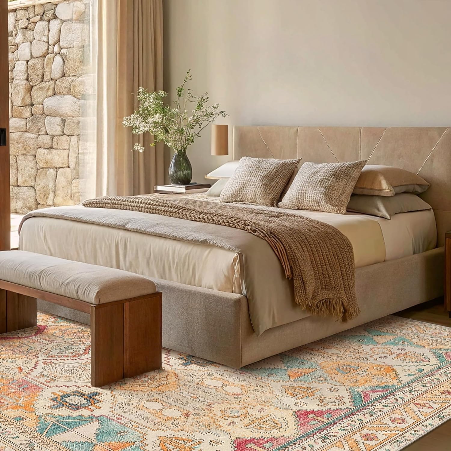 Chenille Low Pile Washable Rug 8×10 – Stylish Non-Slip Carpet for Living Room