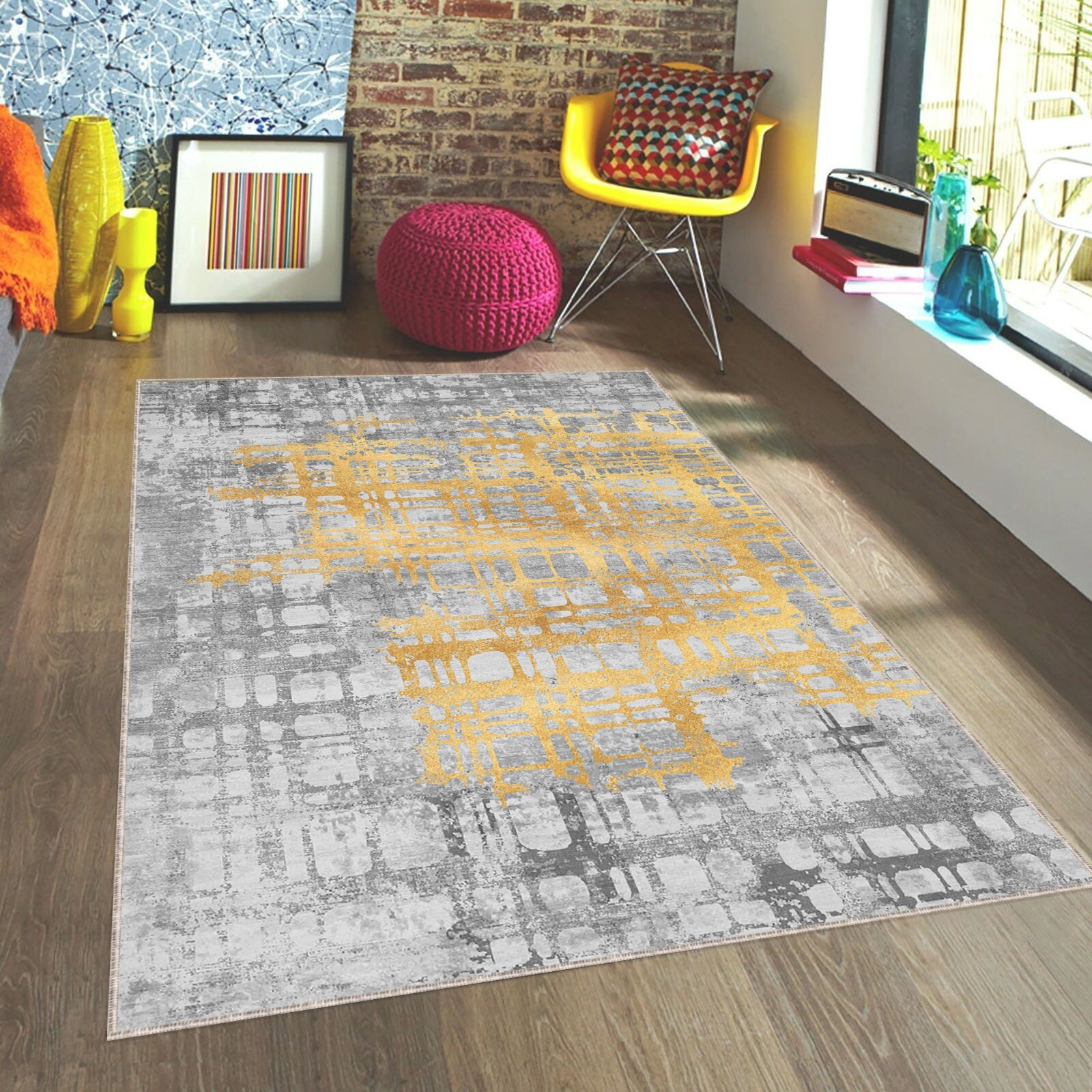 Modern Abstract Rug, Yellow Gray Artistic Pattern Carpet, Contemporary Home Deco