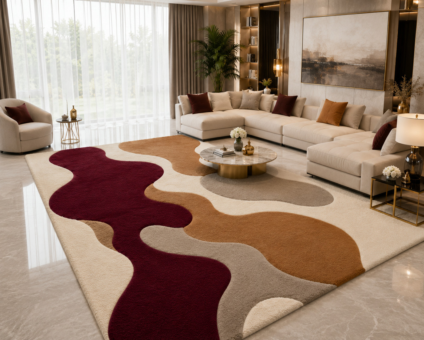 Hand Tufted Abstract Wool Area Rug,Modern Burgundy Beige Cream Livingroom Carpet