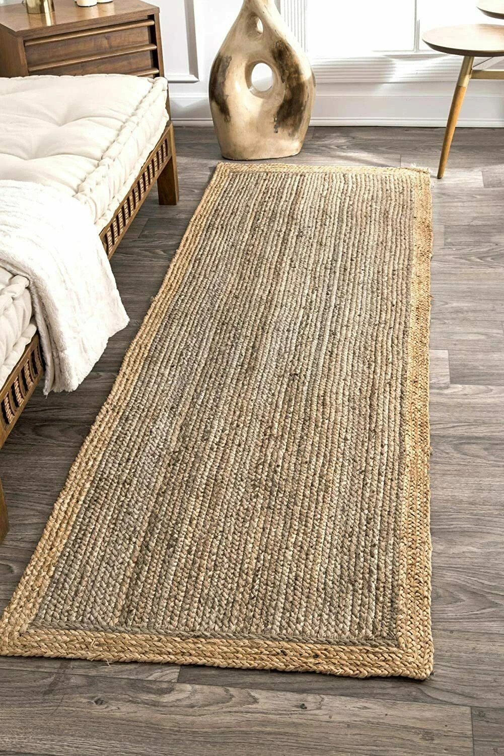 Jute Natural Braided Rug Rectangle Border Bohemian Area Carpet For Living Room