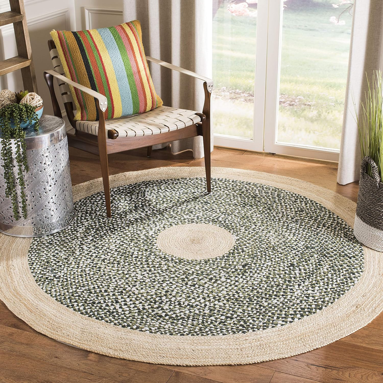 Cape Cod 5′ Round Area Rug – Handmade Green Jute & Cotton for High Traffic Areas