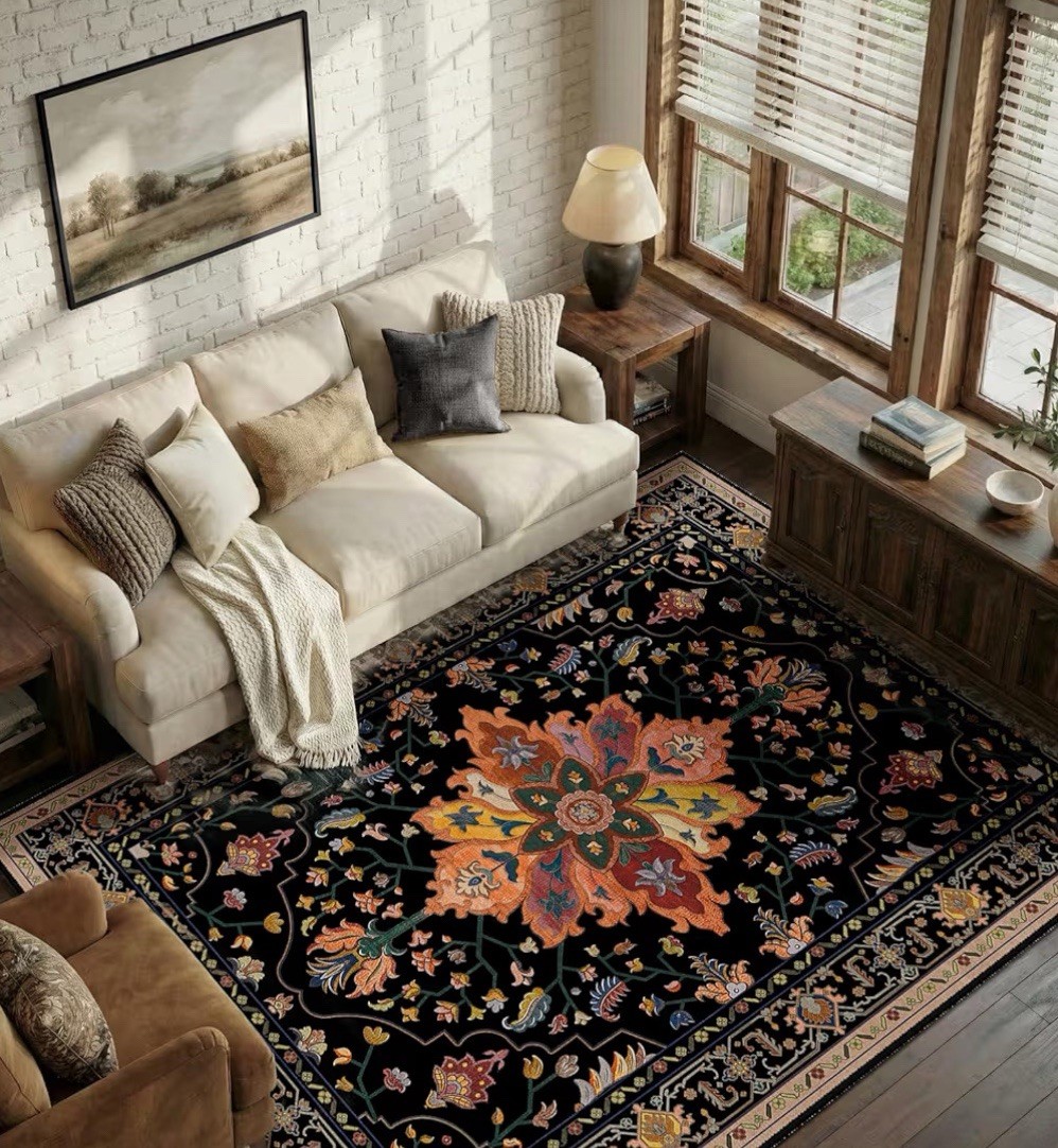 5×7 Washable Area Rug Vintage Floral Medallion Black Colorful Dark Tan Non-Slip