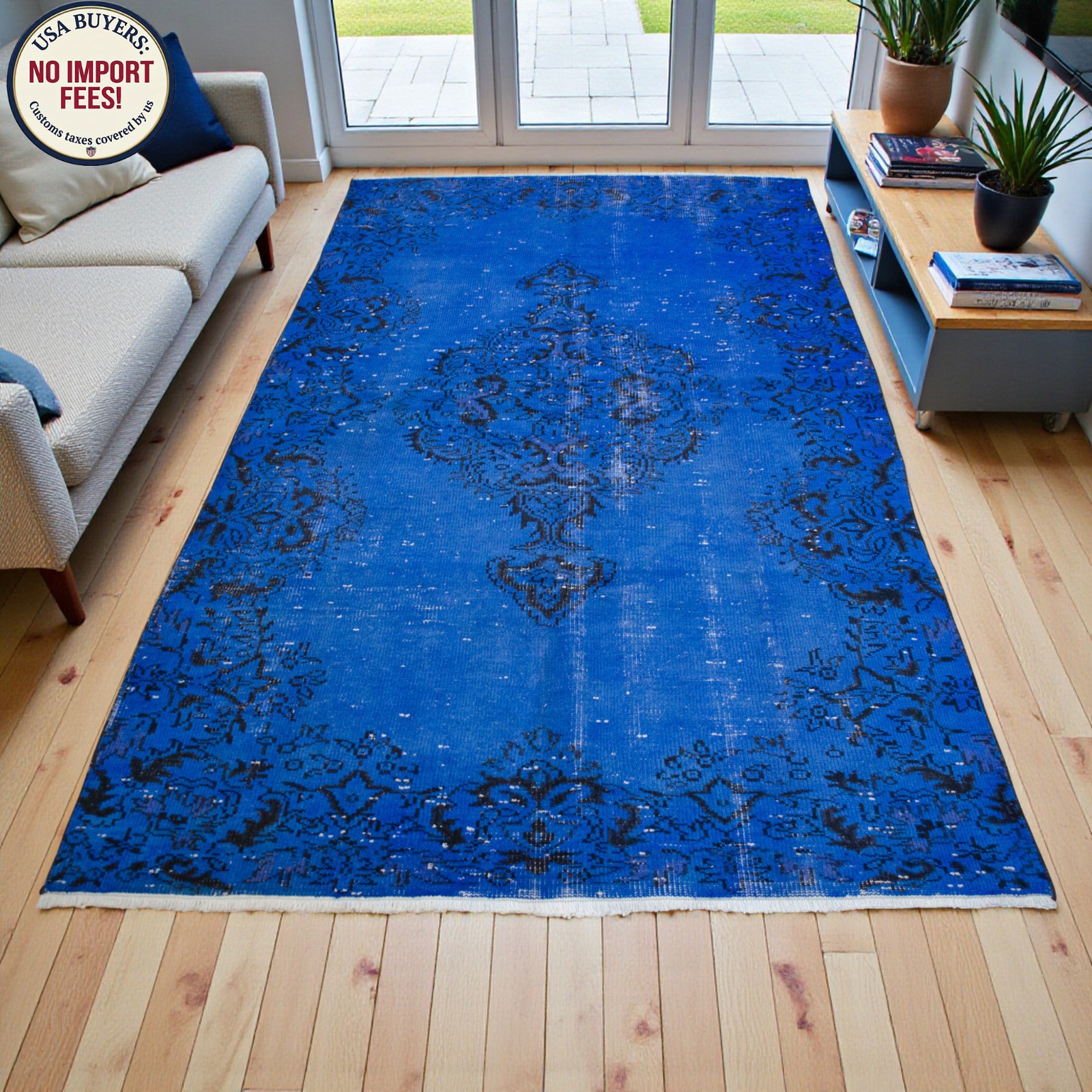 Vintage Turkish Rug 5×9 ft Handmade Carpet Rustic Decor Overdyed Blue Oushak Rug