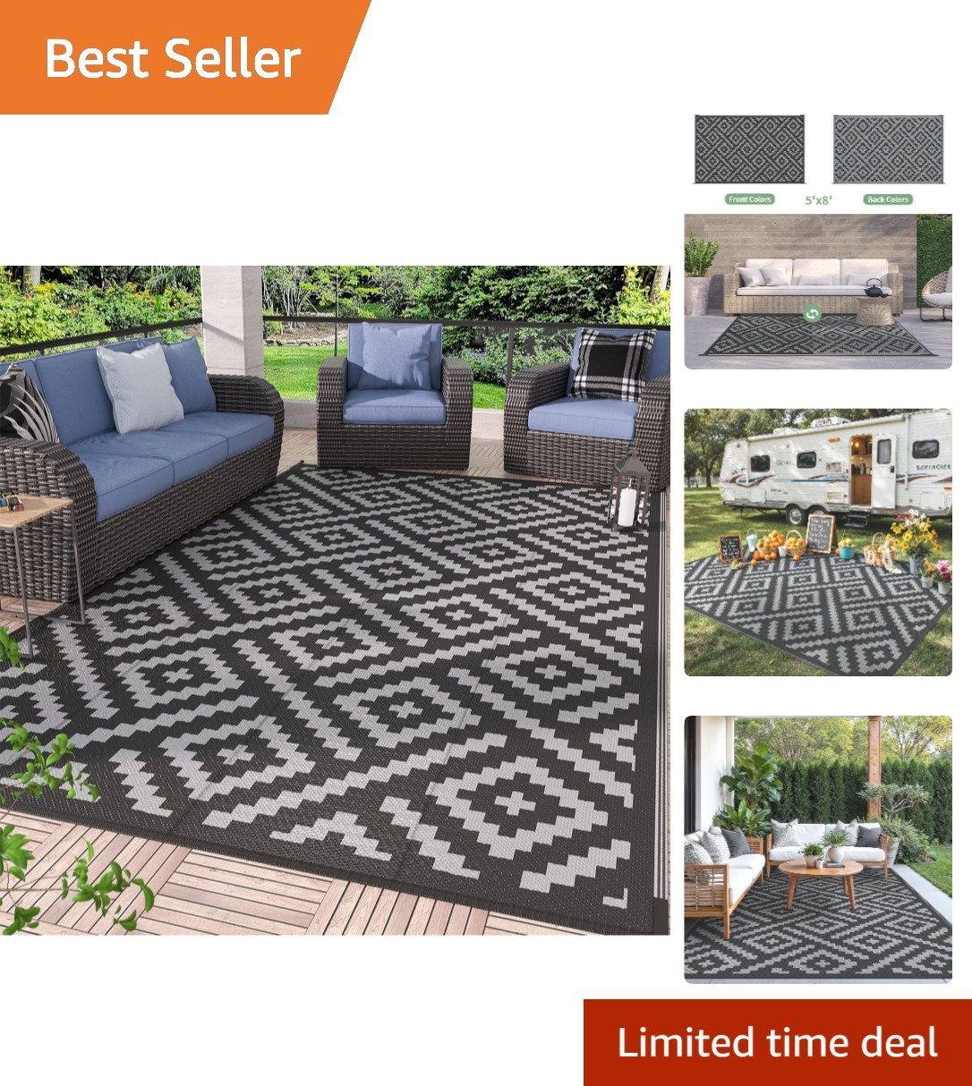 Waterproof 5’x8′ Outdoor Rug in Black & Gray – Lightweight & Stain-Resistant