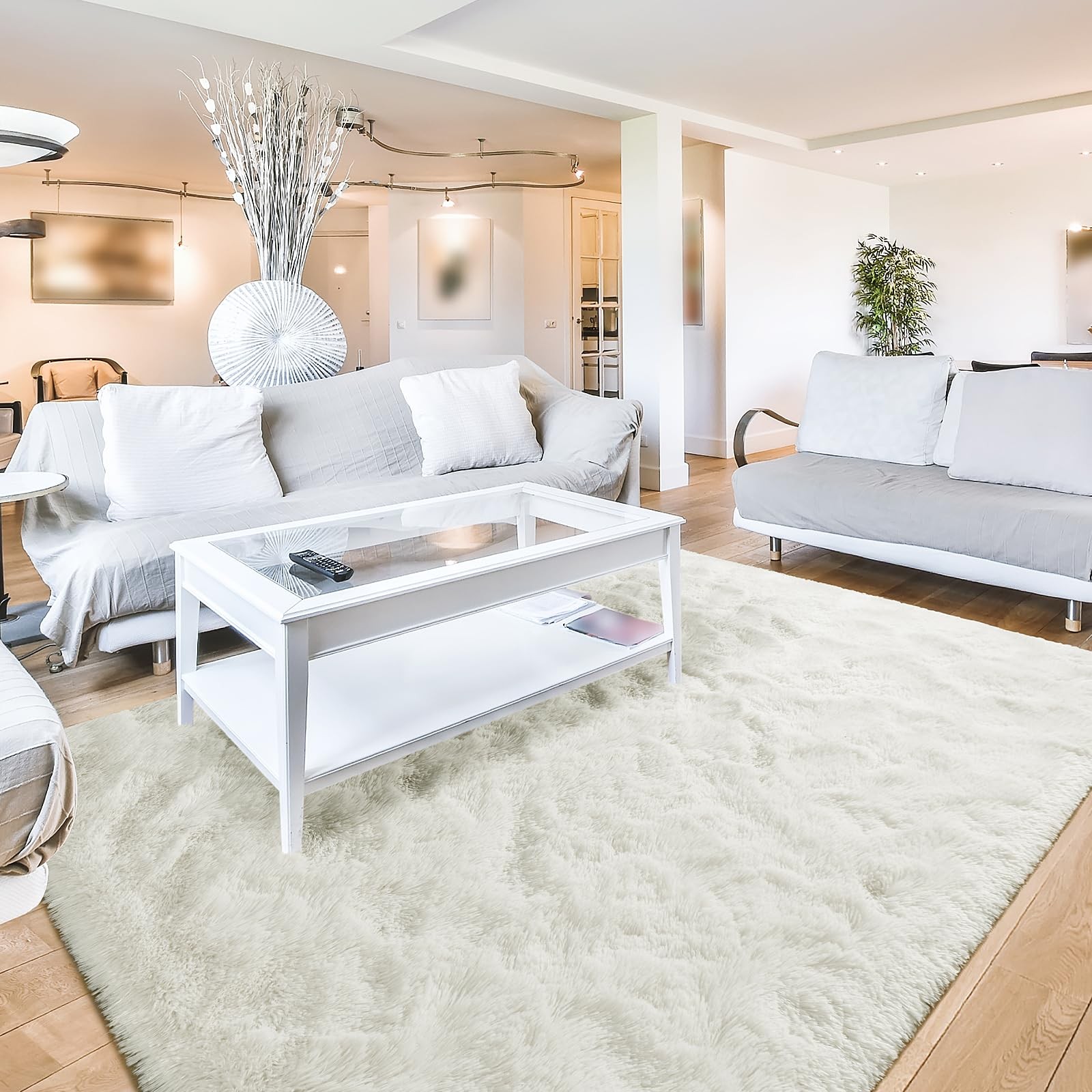 Terrug Cream White Fluffy Area Rug for Bedroom, 3×5 Ft Tie-Dyed Shag Throw Ru…