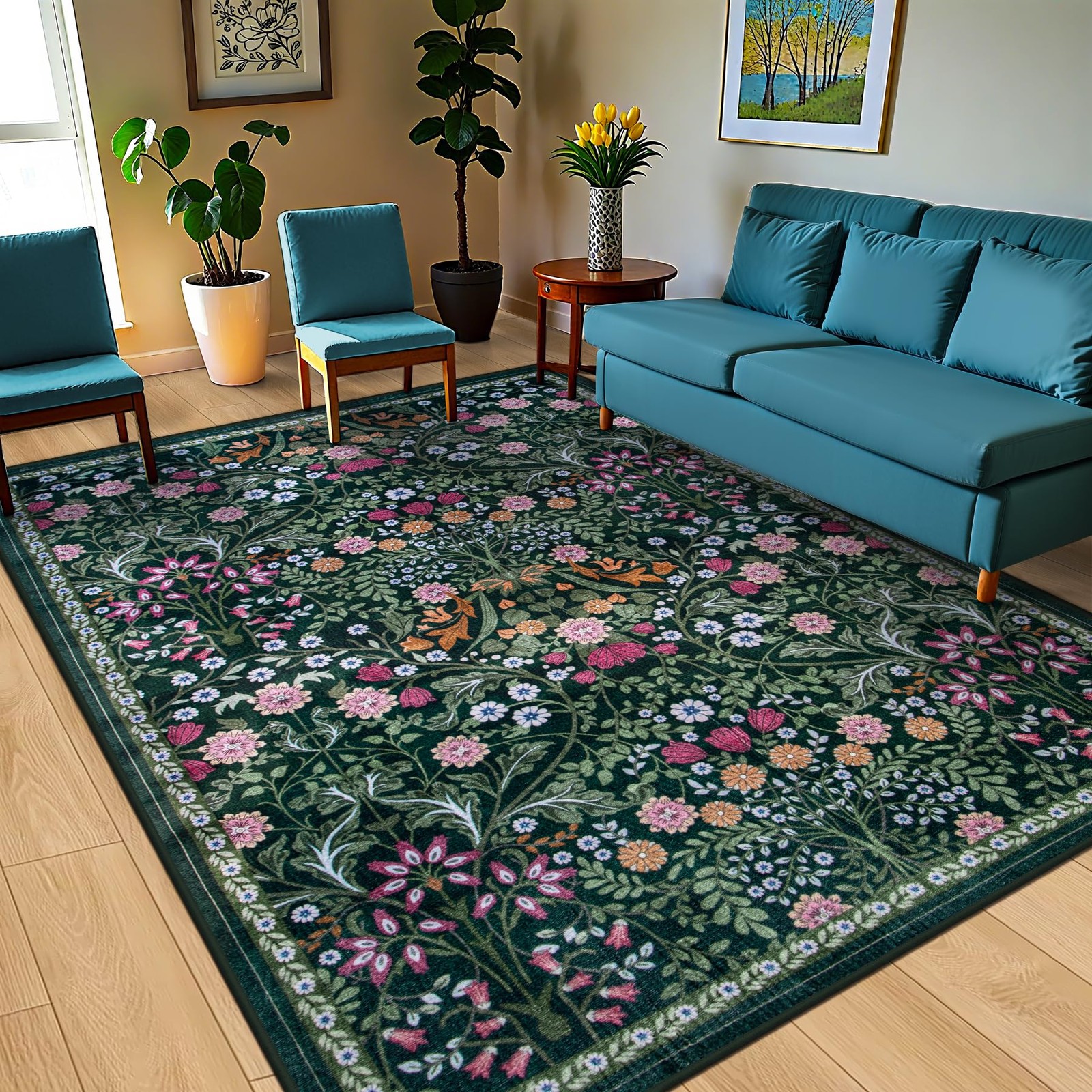 8×10 Area Rugs for Living Room: Floral 8′ x 10′ (Rectangular), Dark Green