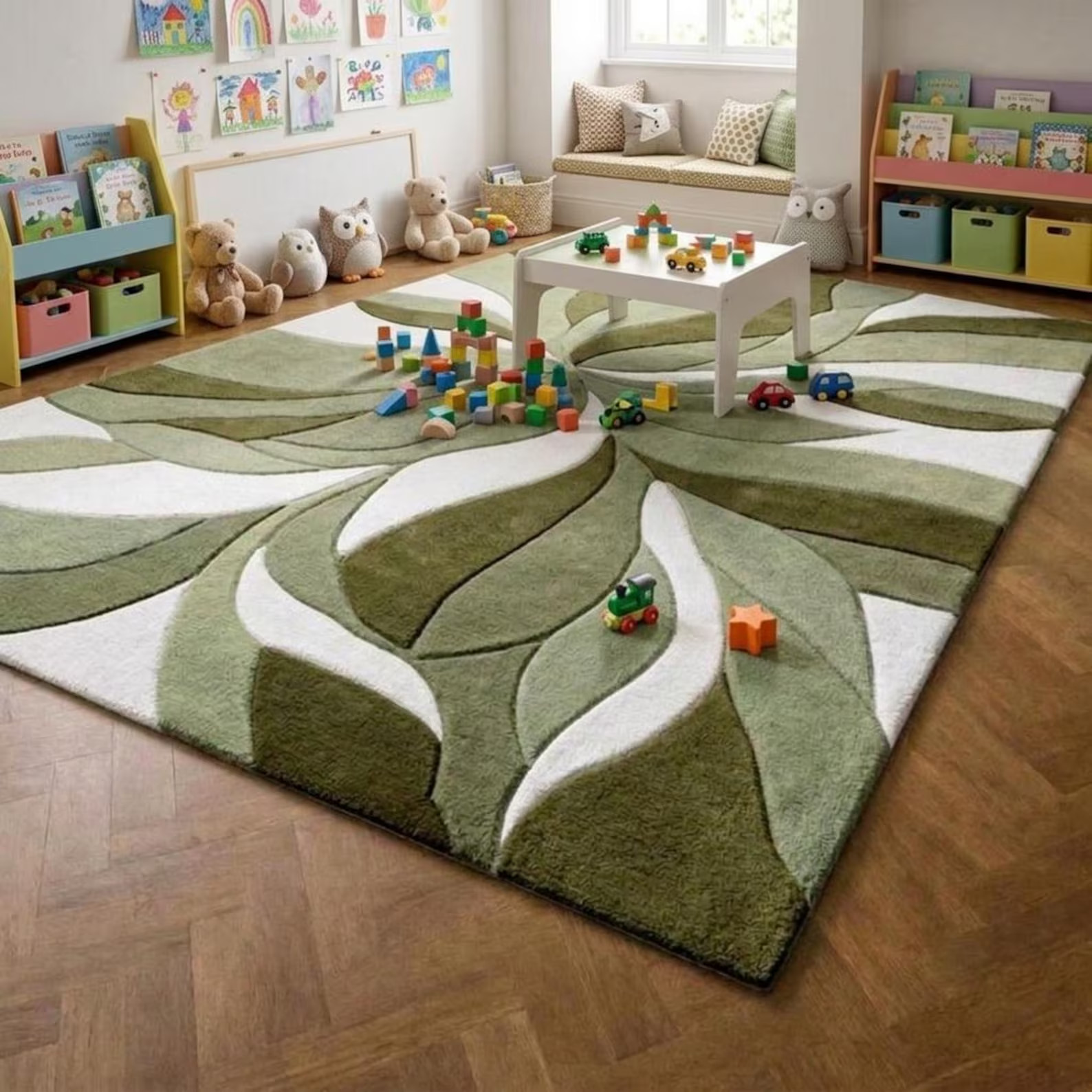 Abstract Green Area Rug, Hand Tufted Wool Rug, 3D Carved Botanical Leaf Carpet