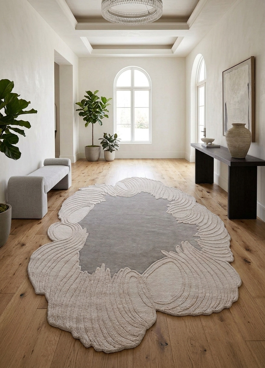 Irregular Shaped Hand-Tufted Rug Beige Modern Design Wool Carpet for Living Room