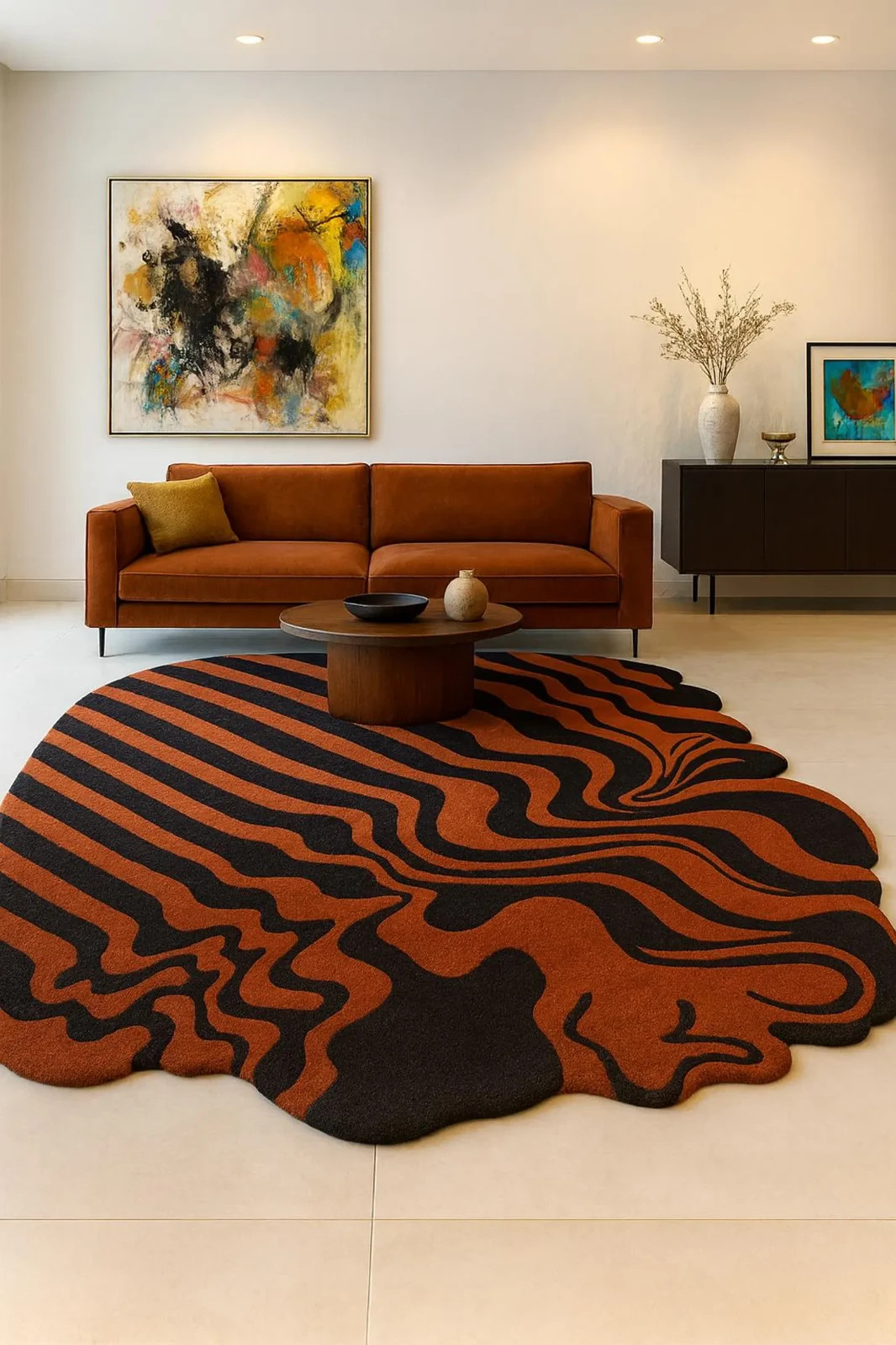 Hand-Tufted Wool Rug – Modern Abstract Black & Orange Rust Carpet Irregular Area
