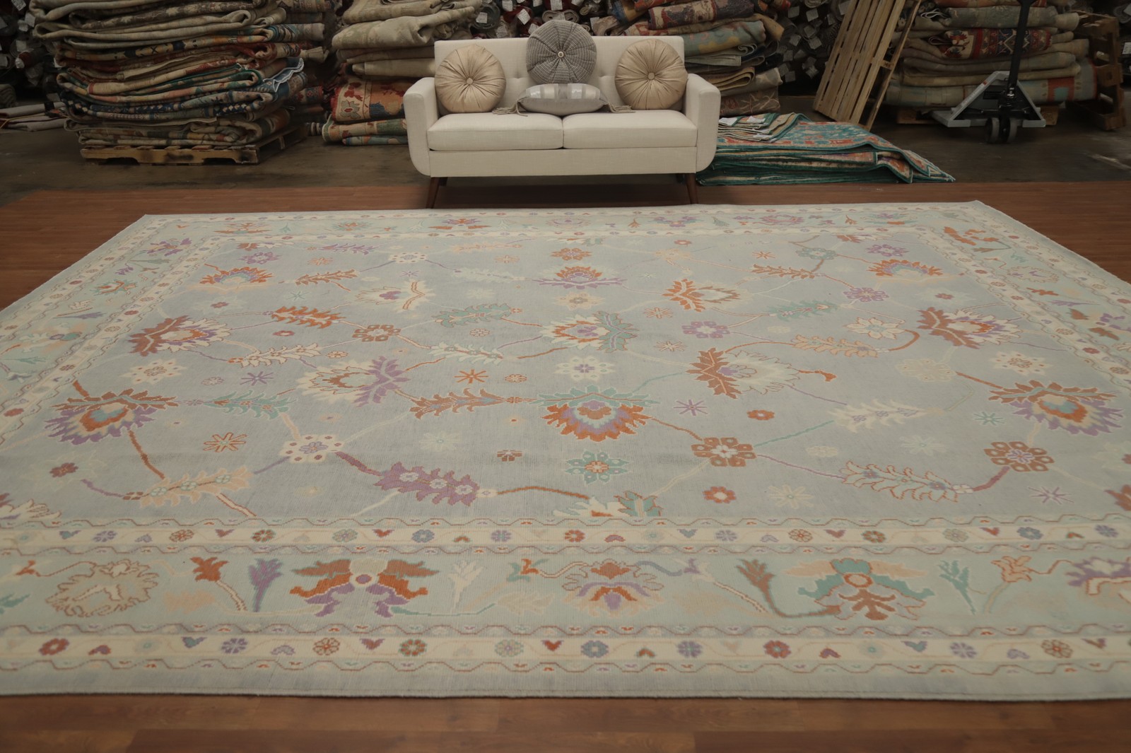 Vegetable Dye Light Blue / Gray Oushak Large Rug 12×15 Ft Handmade Wool Carpet
