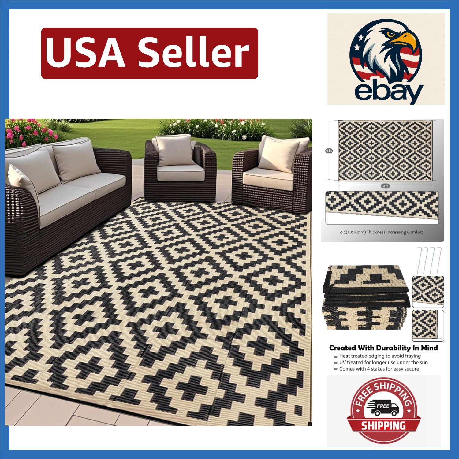 Elegant Reversible Outdoor Rug – 6′ x 9′ Durable Plastic Mat for All Occasions