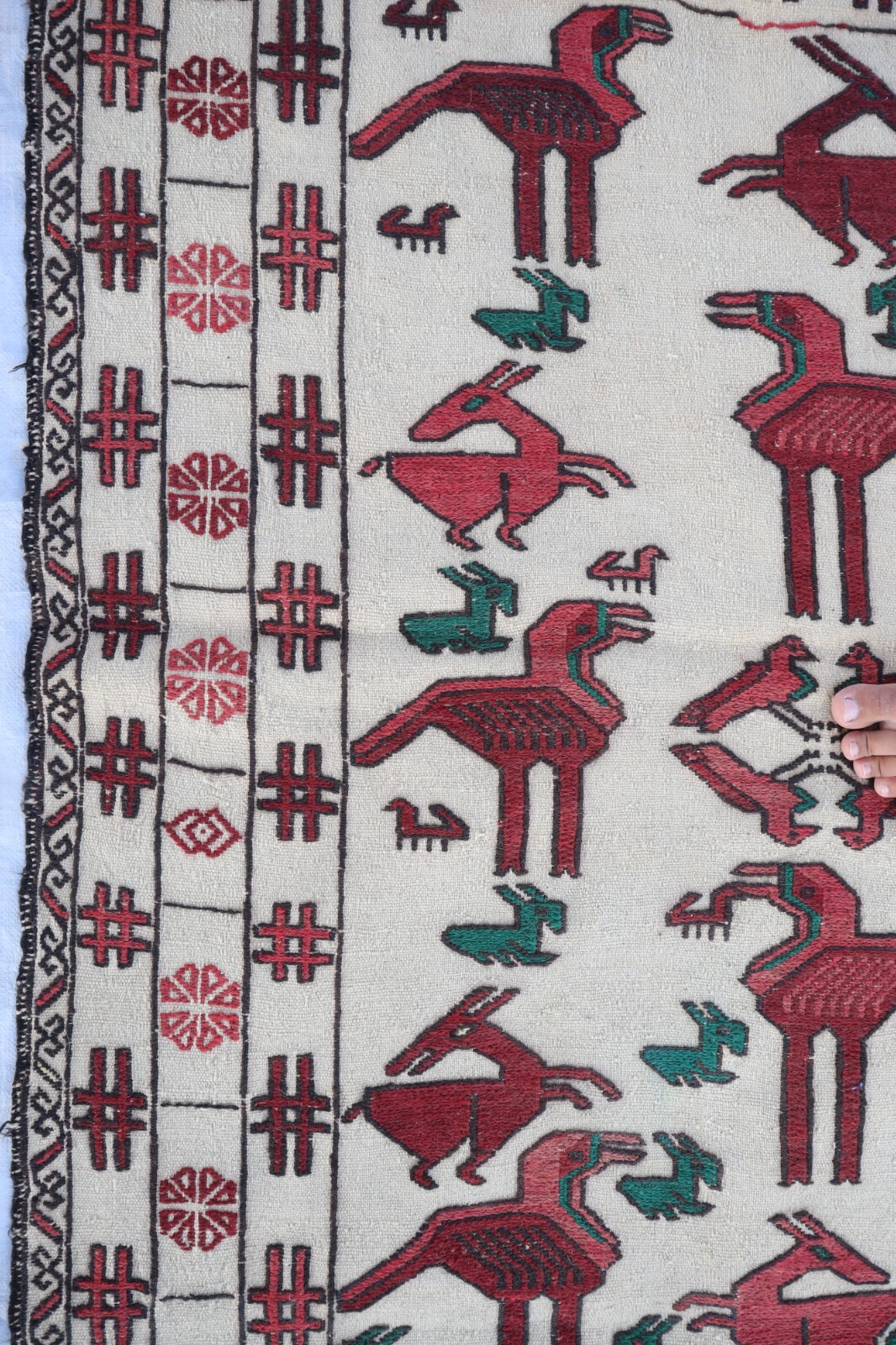 Beige Antique Rug 4’0x6’5 ft/ Afghan Pictorial Flatweave Rug/ Handmade Wool Rug