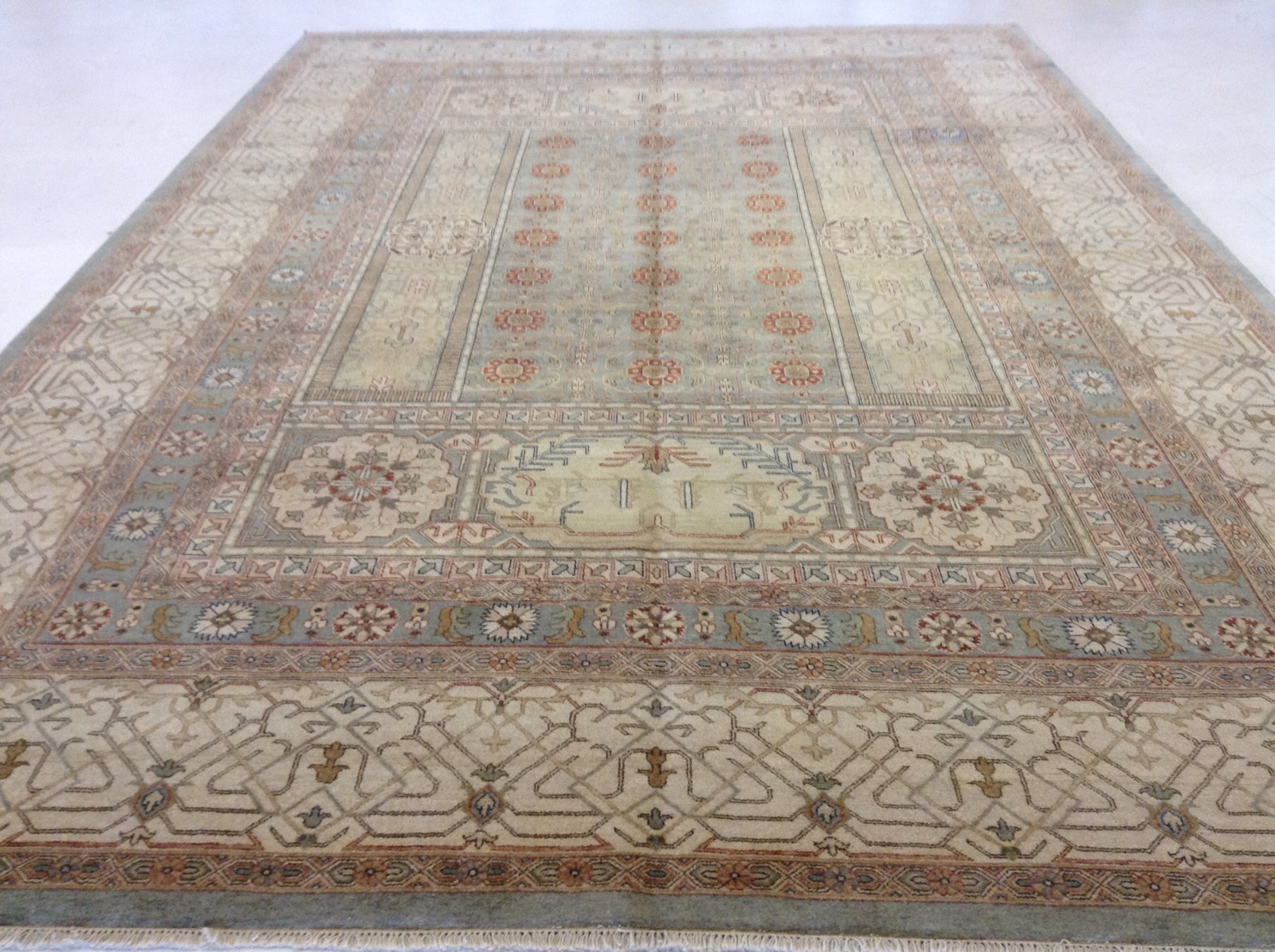 10’ X 14’ Light Blue Rust Beige Fine Geometric Oriental Rug Hand Knotted Wool