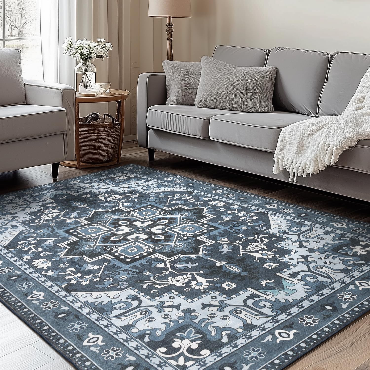 Rugflix 5×7 Machine Washable Area Rug, Dark Navy Blue Carpet for Living Room