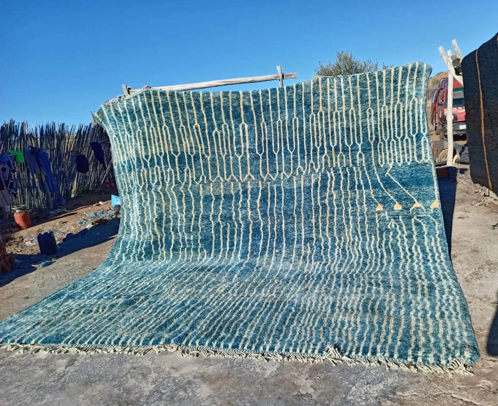 Turquoise Moroccan Berber Beni Ourain Wool Rug Handmade Design Carpet Rug