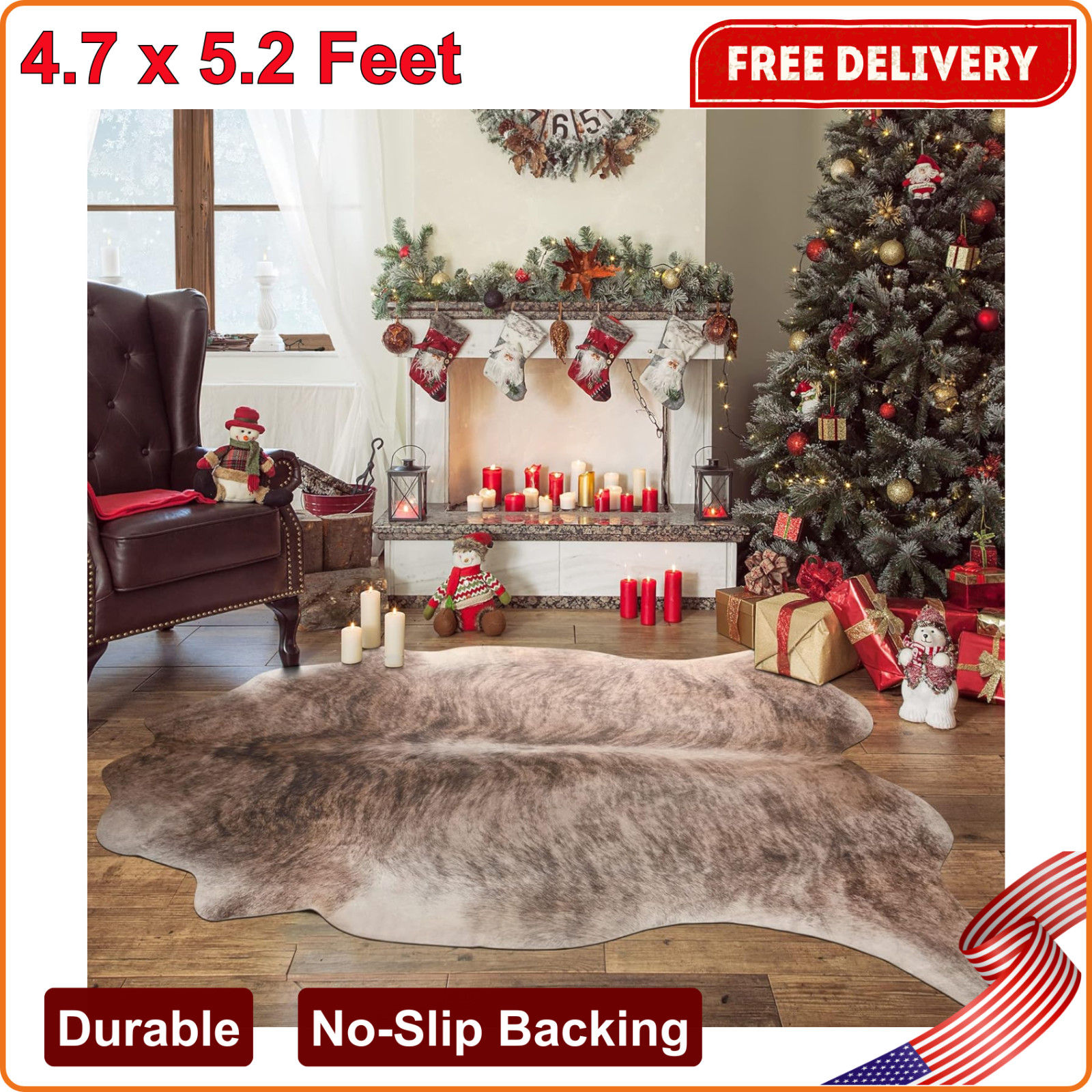 Cowhide Rugs, Faux Cowhide Thickened Elastic For Living Room Bedroom 4’7″ x 5’2″
