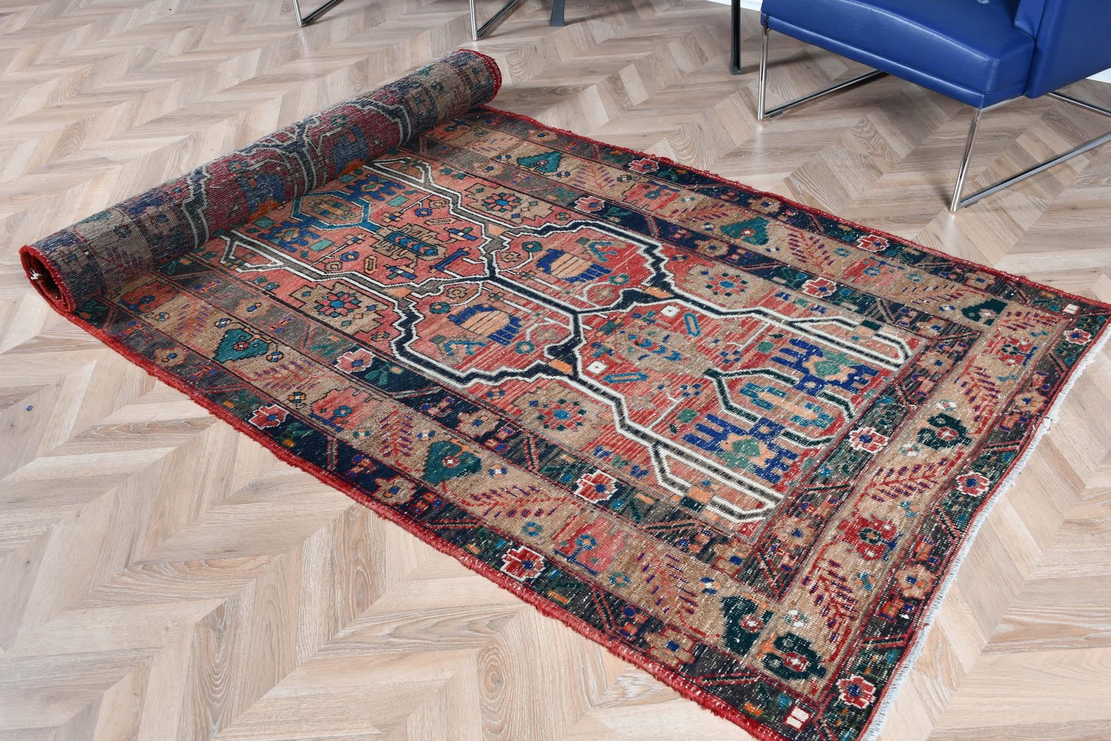 4,5×10,9 ft Turkish Rug, Red Abstract Vintage Rug Wool
