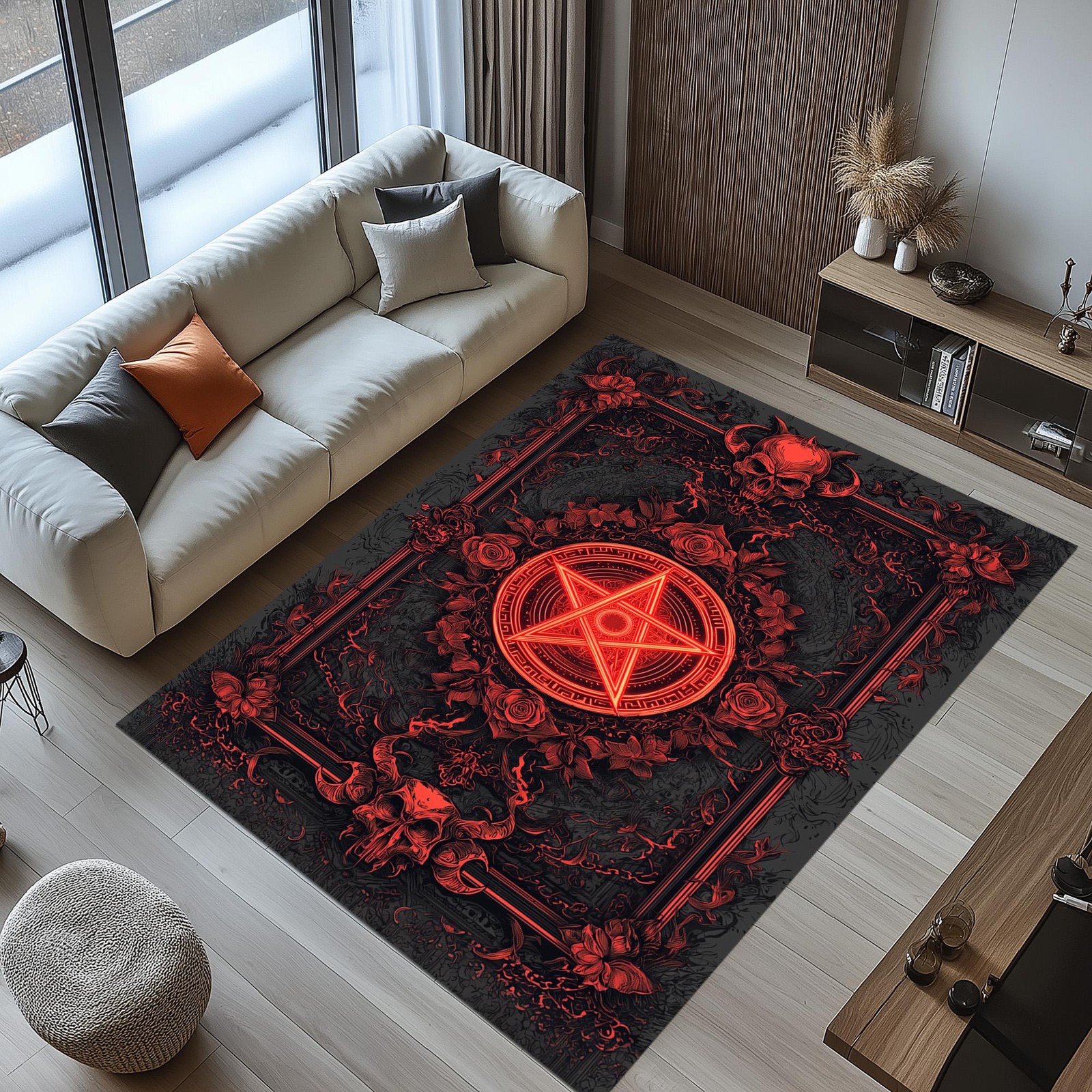 Gothic Pentagram Rug Red Rose Skull Occult Altar Decor Carpet