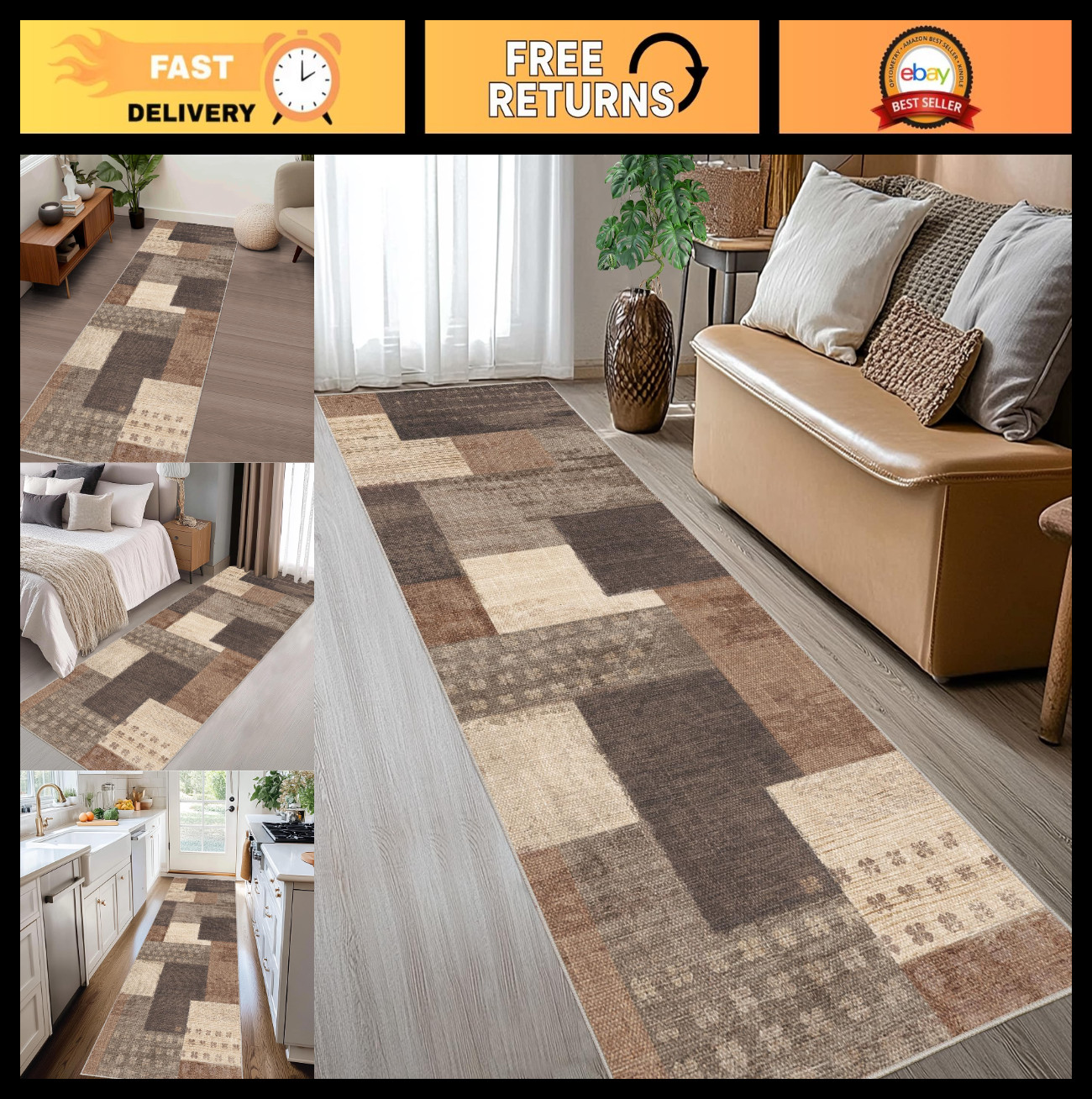 Geometric Patchwork Indoor Runner Rug 2.7’x8′ – Beige Large Area Rug for Living