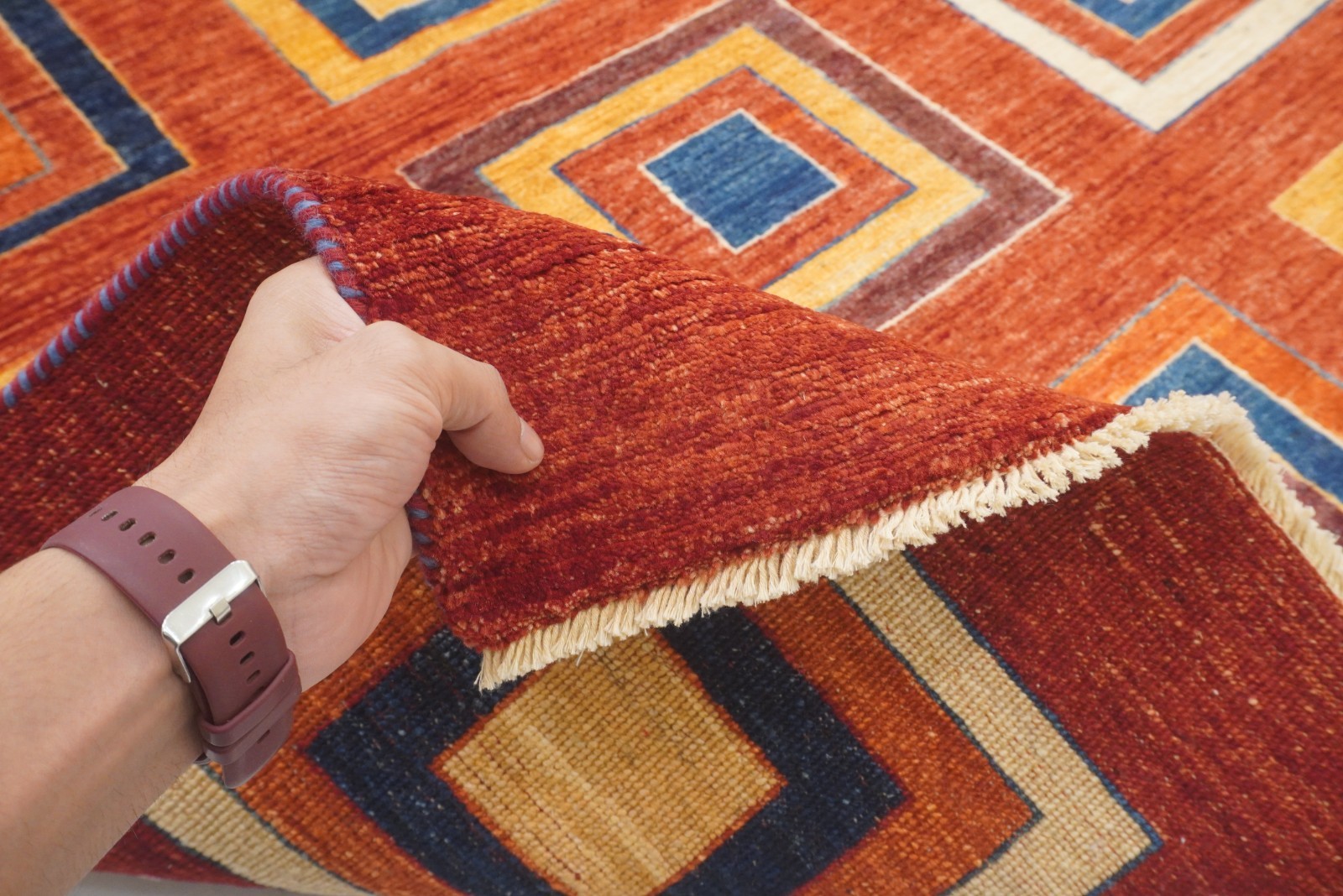 8×11 ft Red Checkered Gabbeh Afghan Hand Knotted Mid Century Area Rug