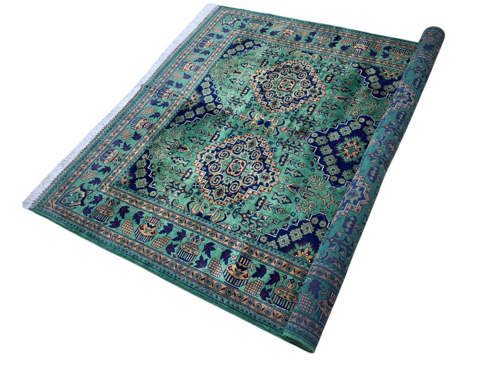 Hand-Knotted Zerkhaki Green Afghani Wool Rug 5’6″ x 8’1″