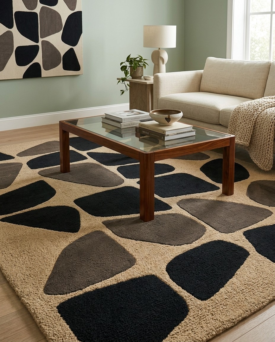 Premium Hand Tufted Wool Area Rug Modern Abstract Geometric Beige Black Gray Rug