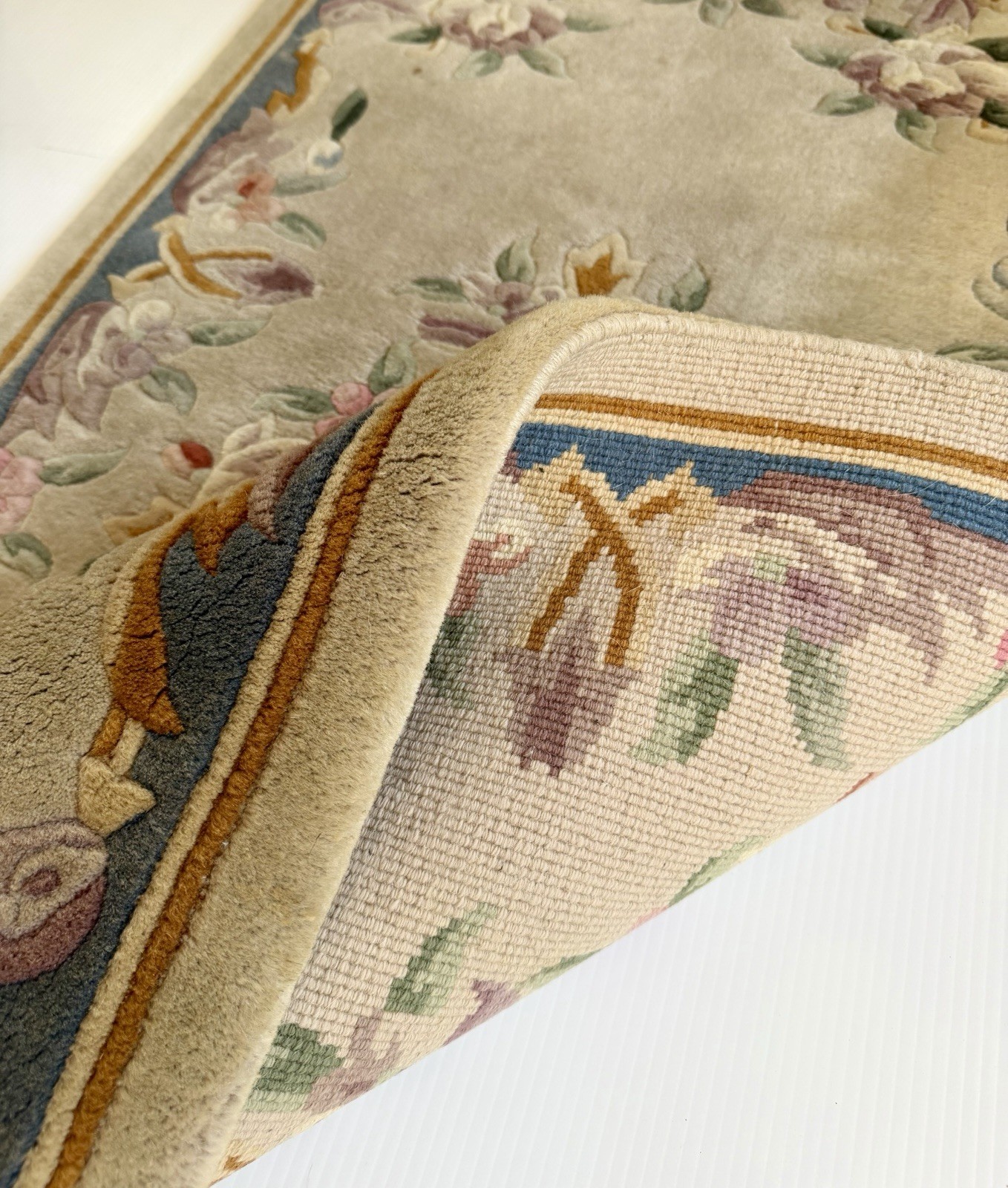 Chinese Aubusson Hand Woven Wool Area Rug 27×60” Tan w/ Blue Pink Floral Design