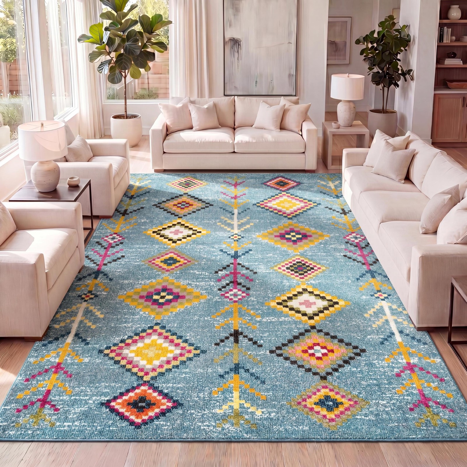 Tribal Love Geometric Light Blue/Multi Indoor Area Rug, 8×10, Bohemian, Casua…