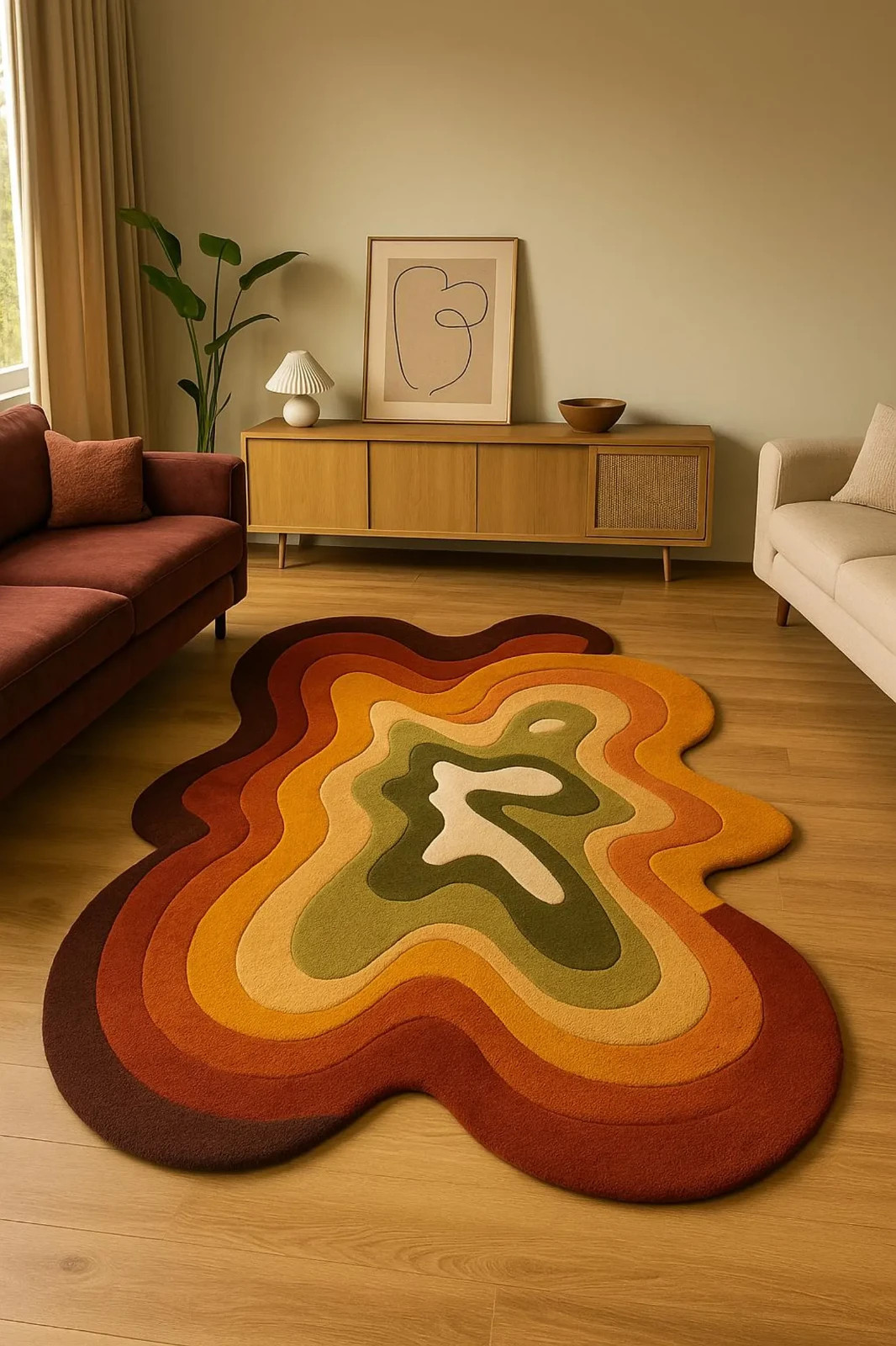 Hand Tufted Abstract Area Rug, Retro Wavy Mid-Century Modern Rug, Earth Tone Rug