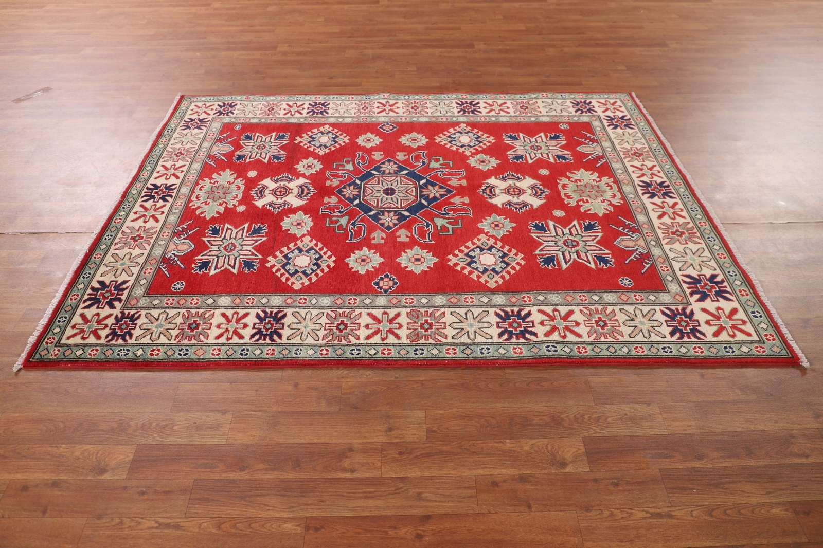 Geometric Kazak Rug Traditional Wool Art Rich Colors, Cultural Heritage 5×6 ft